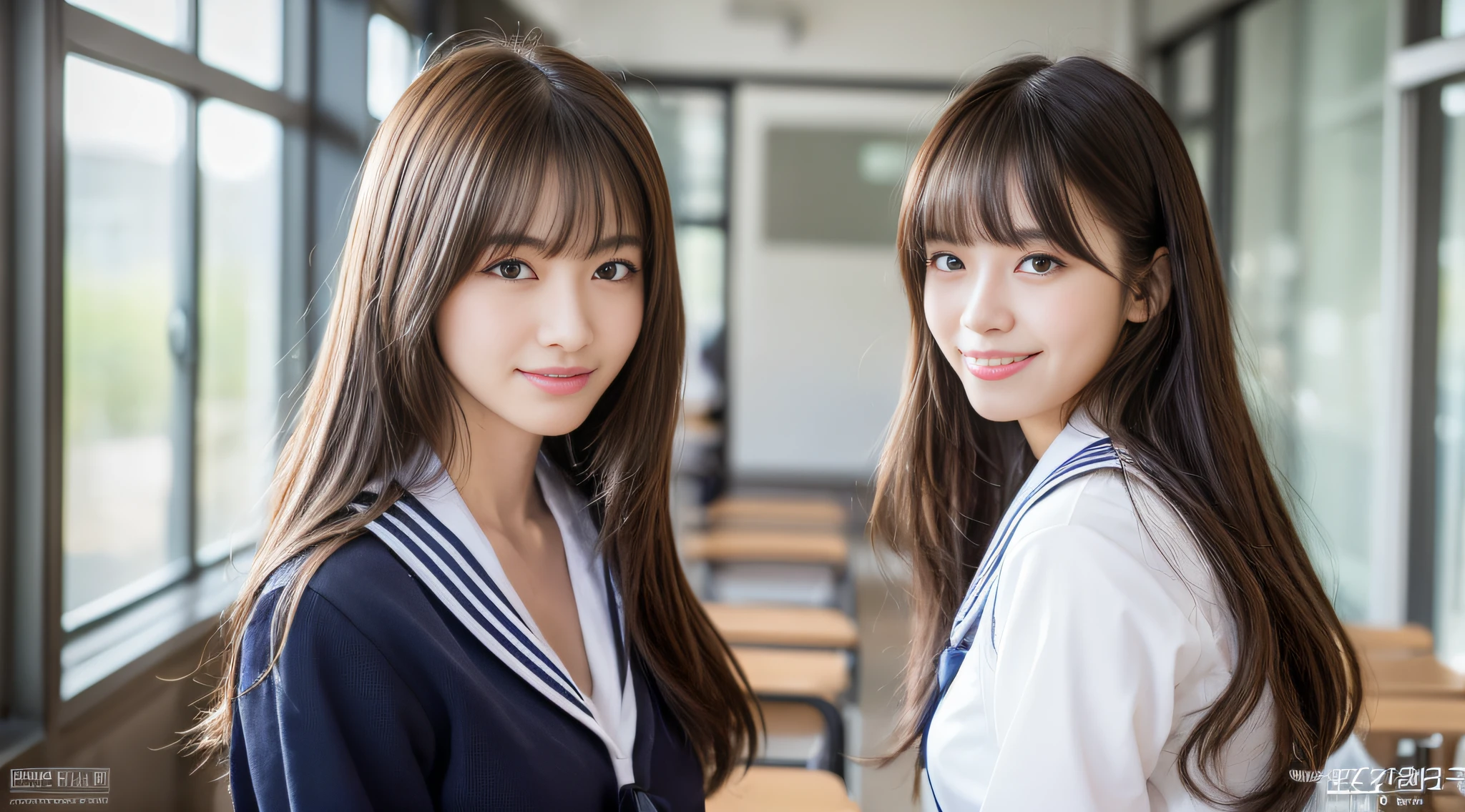 (8k, RAW photo, highest quality, masterpiece: 1.2), super detail, super resolution, (real, real photo: 1.37), portrait, high resolution RAW color photo, professional photo, very detailed and beautiful, super high quality (looking over here with your tongue out), 8k wallpaper, amazing details, huge file size, very detailed beautiful girls, different pattern faces, having a conversation in school classroom, Waist flicker, modern cute schoolgirl, very detailed face very detailed eyes, very realistic skin, very detailed fingers, very detailed nose, very detailed mouth, perfect anatomy, very detailed sailor suit, very detailed background, after school, smiling school girls are gathered in the hallway of the school. They are in uniform, and the blackboard is faintly visible in the background. The bright windows illuminate the classrooms, revealing the details of their hair and uniforms. They enjoy chatting in natural poses and seem to have memorable conversations. Smiles are overflowing, fun spreads in the hallwaySome children are sticking out their tongues,akkambe, tongue out, teen, cute girl, famous Japan idol, cute, realistic body, slender, white skin, glowing skin, slim body, long straight hair, (dull bangs:1.2), , schoolgirl youth Celebrity level cuteness , pink eye shadow