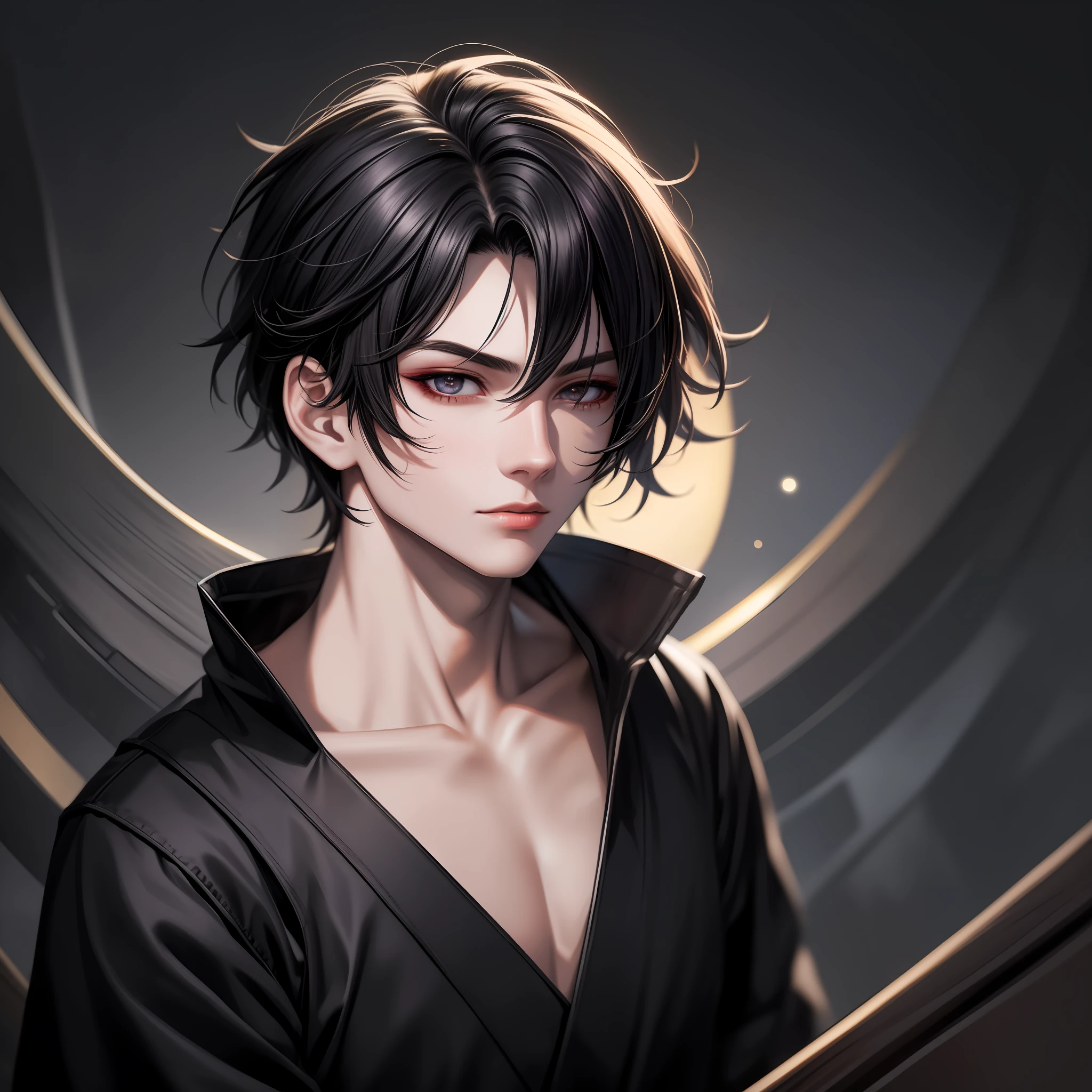 Masterpiece) 8K resolution, adult male (20 years old), black short hair, hazelnut eyes, beautiful black eyes, model style, hakama, oni, moonlit night, anime style