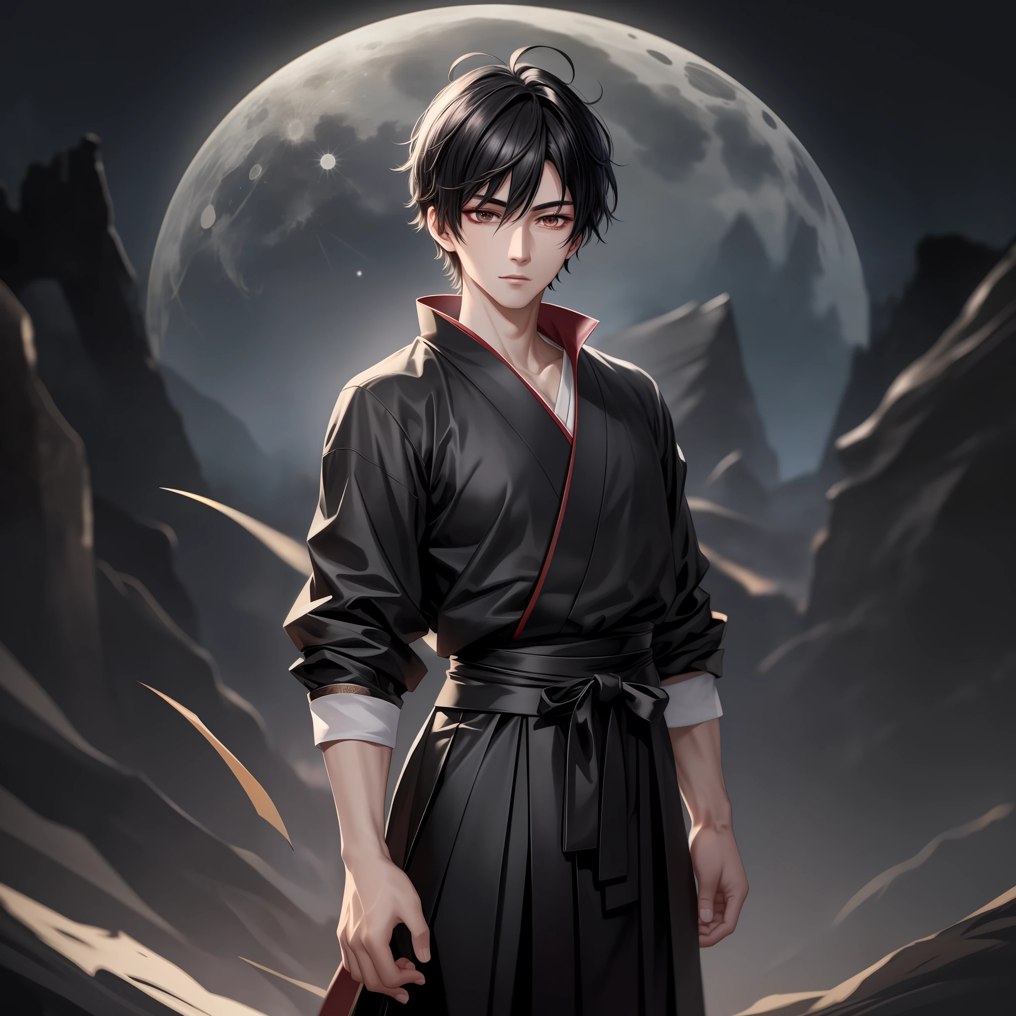 Masterpiece) 8K resolution, adult male (20 years old), black short hair, hazelnut eyes, beautiful black eyes, model style, hakama, oni, moonlit night, anime style