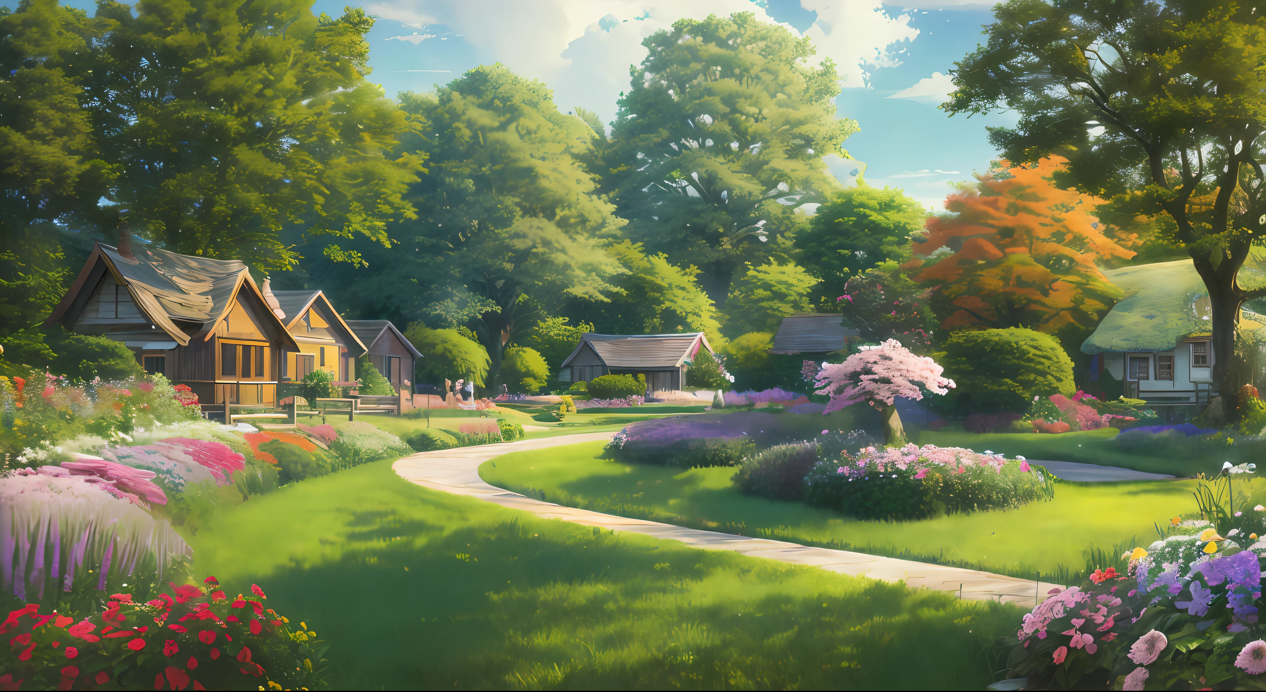 Masterpiece, best quality, official art, extremely detailed CG unity 8k wallpaper, outdoors, animals, spring \(seasons\), cloudy sky, studio ghibli, garden, village,