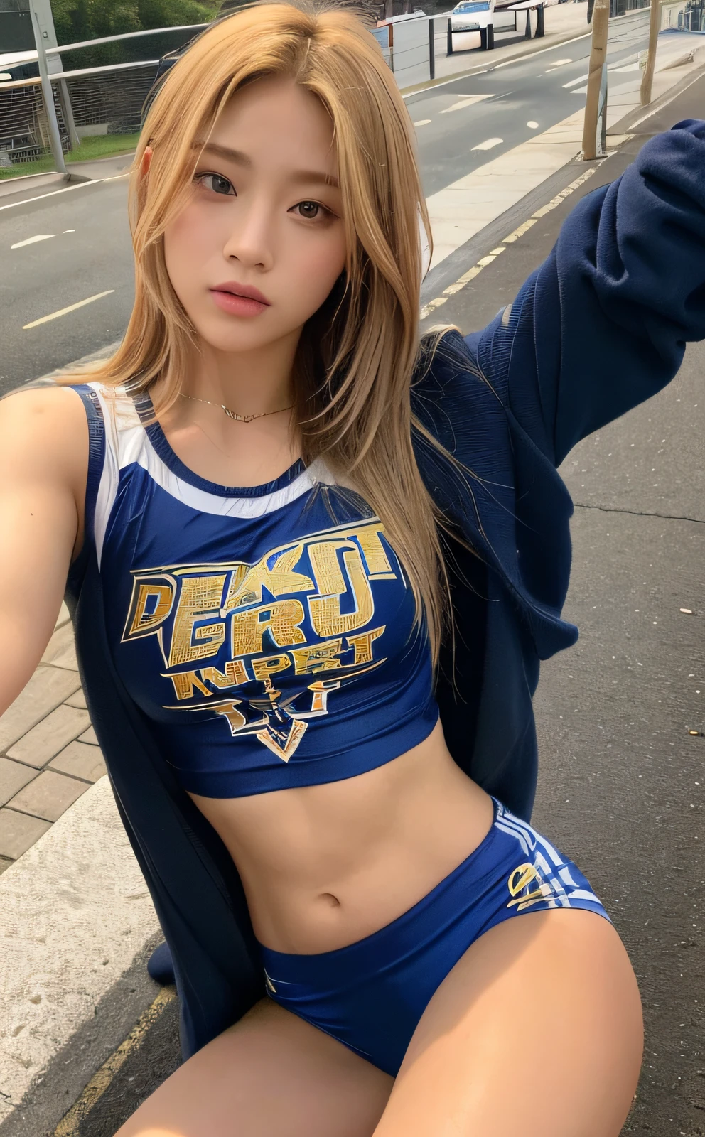 ((Top Quality, 8K, Masterpiece: 1.3)), Sharp: 1.2, Perfect Body Beauty: 1.4, Slim Abs: 1.2, ((Layered Hairstyle, Big: 1.2)), (Rain, Street: 1.2), Wet: 1.5, Highly Detailed Face and Skin Texture, Detailed Eyes, Double Eyelids, Aspect Looking at the Camera, Golden Hair, Wrestling, Portrait photo of hot woman wearing college wrestling singlet, professional wrestling, muscle