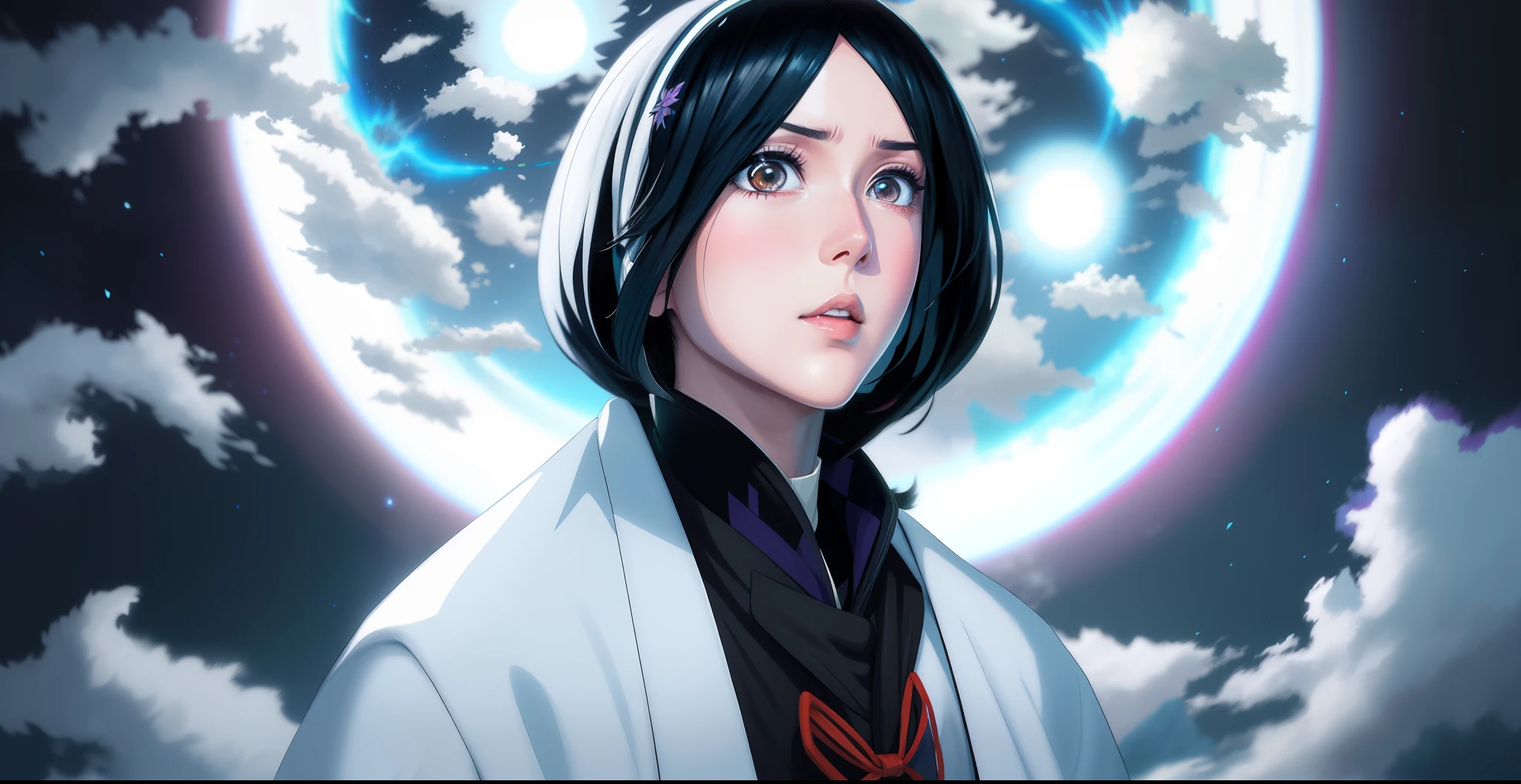 A closeup of a person with black hair and a white jacket, bleach manga style, hinata hyuga, yuki onna's piercing gaze, naruto's hinata hyuga, itatchi uchiha, white fox anime, long shot jorogumo, kimetsu no yaiba, inspired by Sugimura Jihei, RGB colors, bright colors.