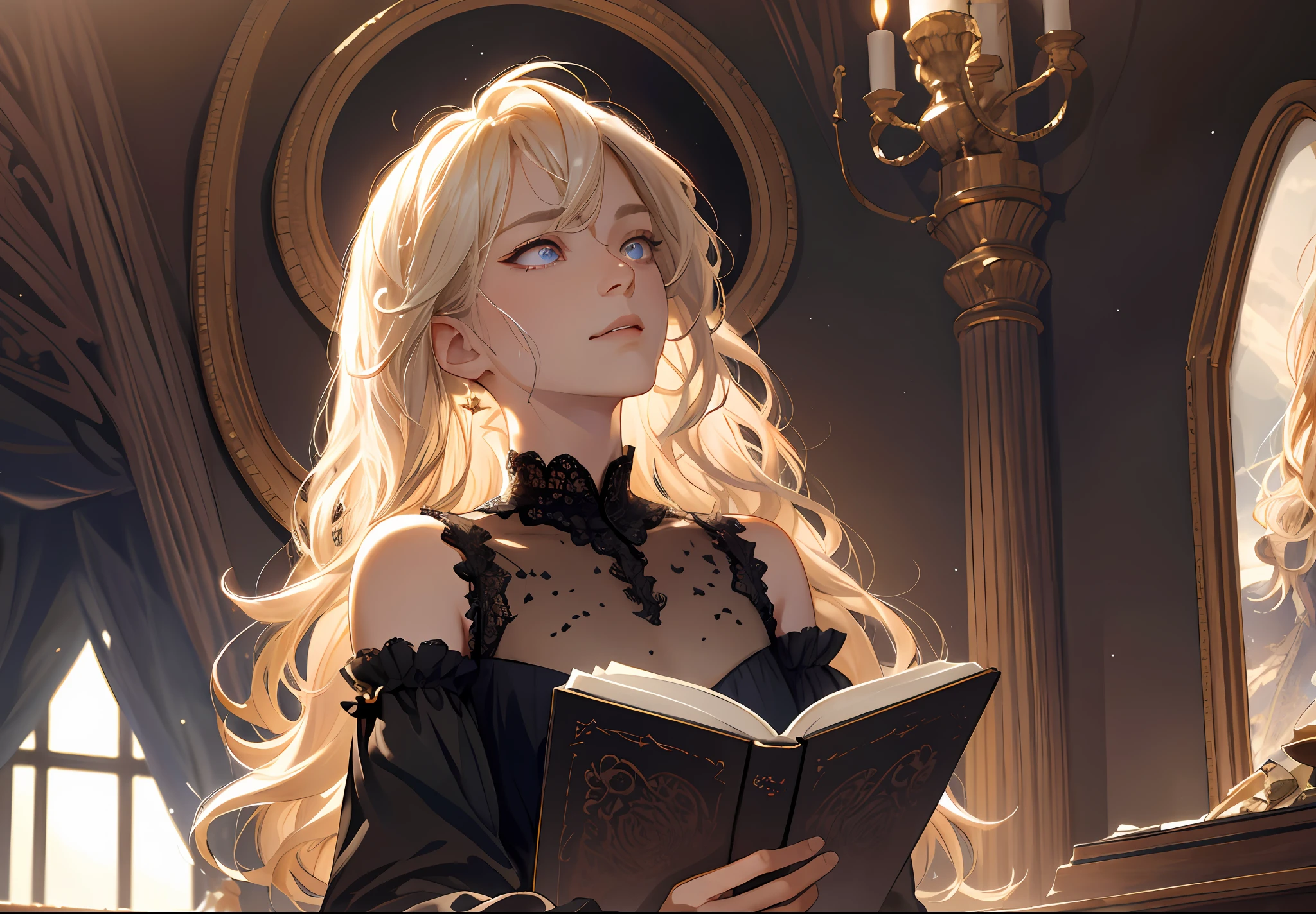 (absurdres, highres, ultra detailed), 1 male, young, femboy build, lean guy, shoulder length hair, curly blonde hair, wavy bob, platinum blond hair, ruby eyes, feminine face, dark gothic ouji male clothing, lace and frilly blouse, finely detailed eyes and detailed face, blushed cheeks, extremely detailed CG unity 8k wallpaper, splashscreen, intricate details, portrait, looking up from below, high angle shot, solo, half shot, detailed background, embarassed, eyes wide, open lips, holding a closed book, (color waves), gamer pc setup in the background, rim lighting, light from behind,