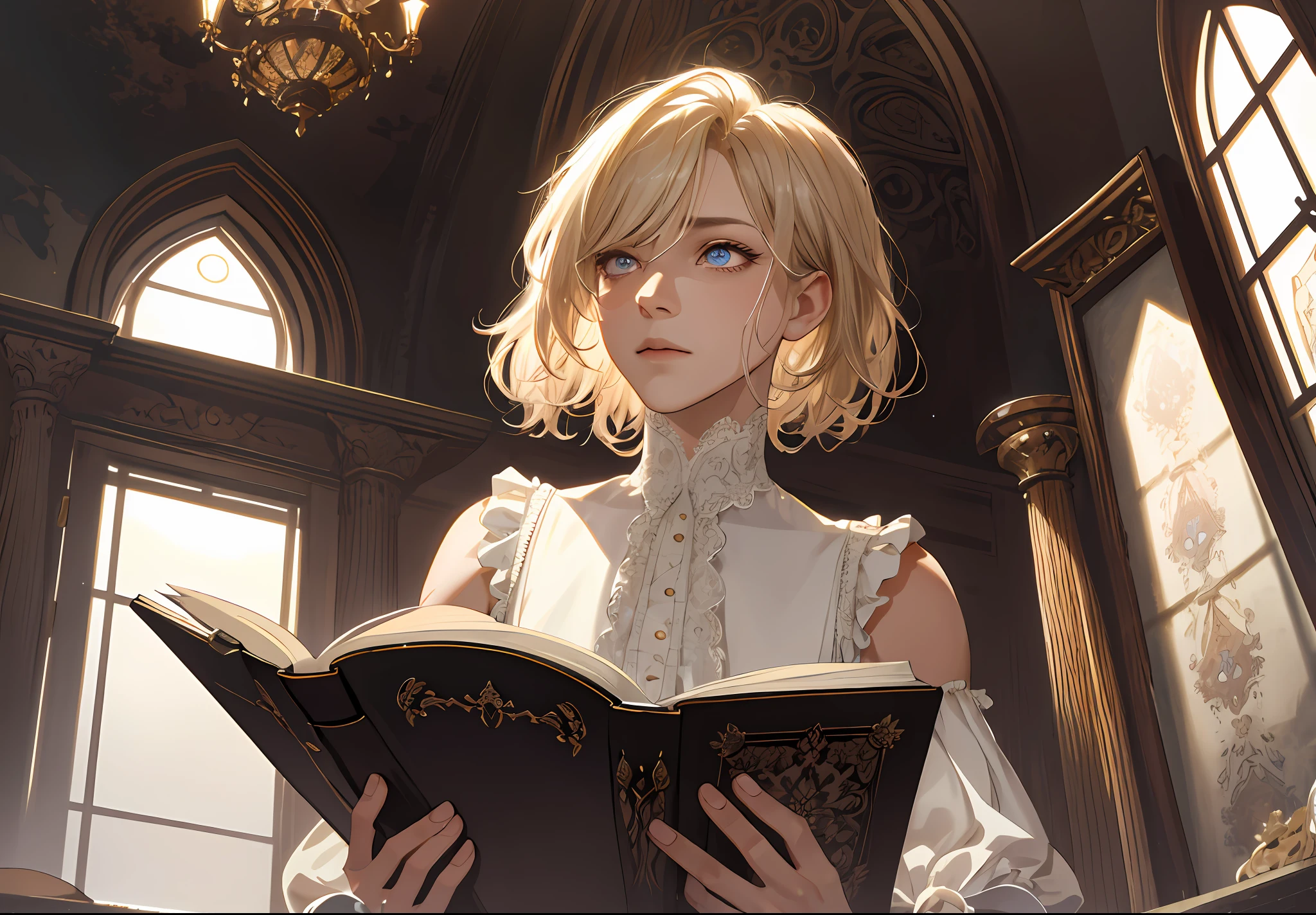 (absurdres, highres, ultra detailed), 1 male, young, femboy build, lean guy, shoulder length hair, curly blonde hair, wavy bob, platinum blond hair, ruby eyes, feminine face, dark gothic ouji male clothing, lace and frilly blouse, finely detailed eyes and detailed face, blushed cheeks, extremely detailed CG unity 8k wallpaper, splashscreen, intricate details, portrait, looking up from below, high angle shot, solo, half shot, detailed background, embarassed, eyes wide, open lips, holding a closed book, (color waves), gamer pc setup in the background, rim lighting, light from behind,