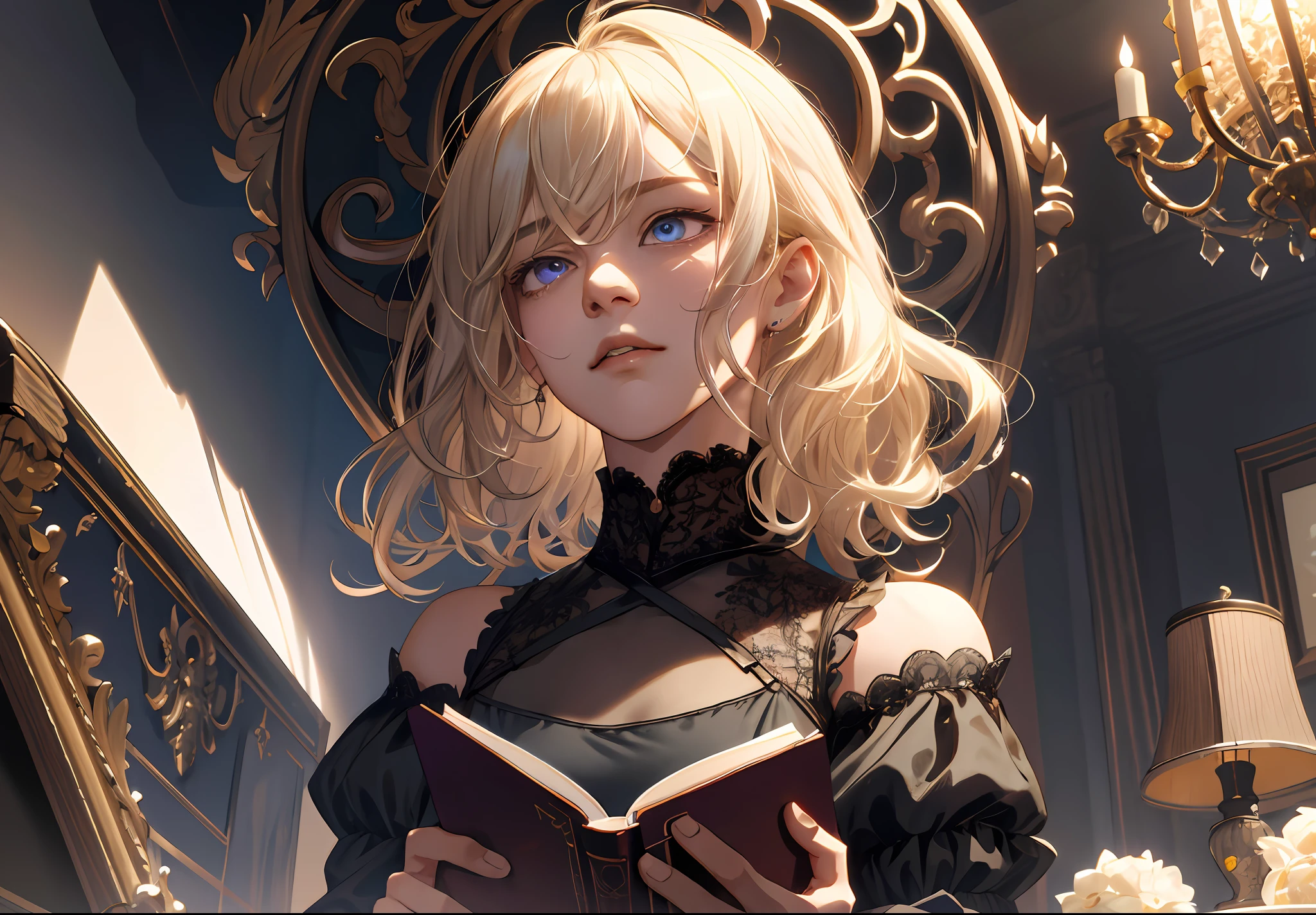(absurdres, highres, ultra detailed), 1 male, young, femboy build, lean guy, shoulder length hair, curly blonde hair, wavy bob, platinum blond hair, ruby eyes, feminine face, dark gothic ouji male clothing, lace and frilly blouse, finely detailed eyes and detailed face, blushed cheeks, extremely detailed CG unity 8k wallpaper, splashscreen, intricate details, portrait, looking up from below, high angle shot, solo, half shot, detailed background, embarassed, eyes wide, open lips, holding a closed book, (color waves), gamer pc setup in the background, rim lighting, light from behind,