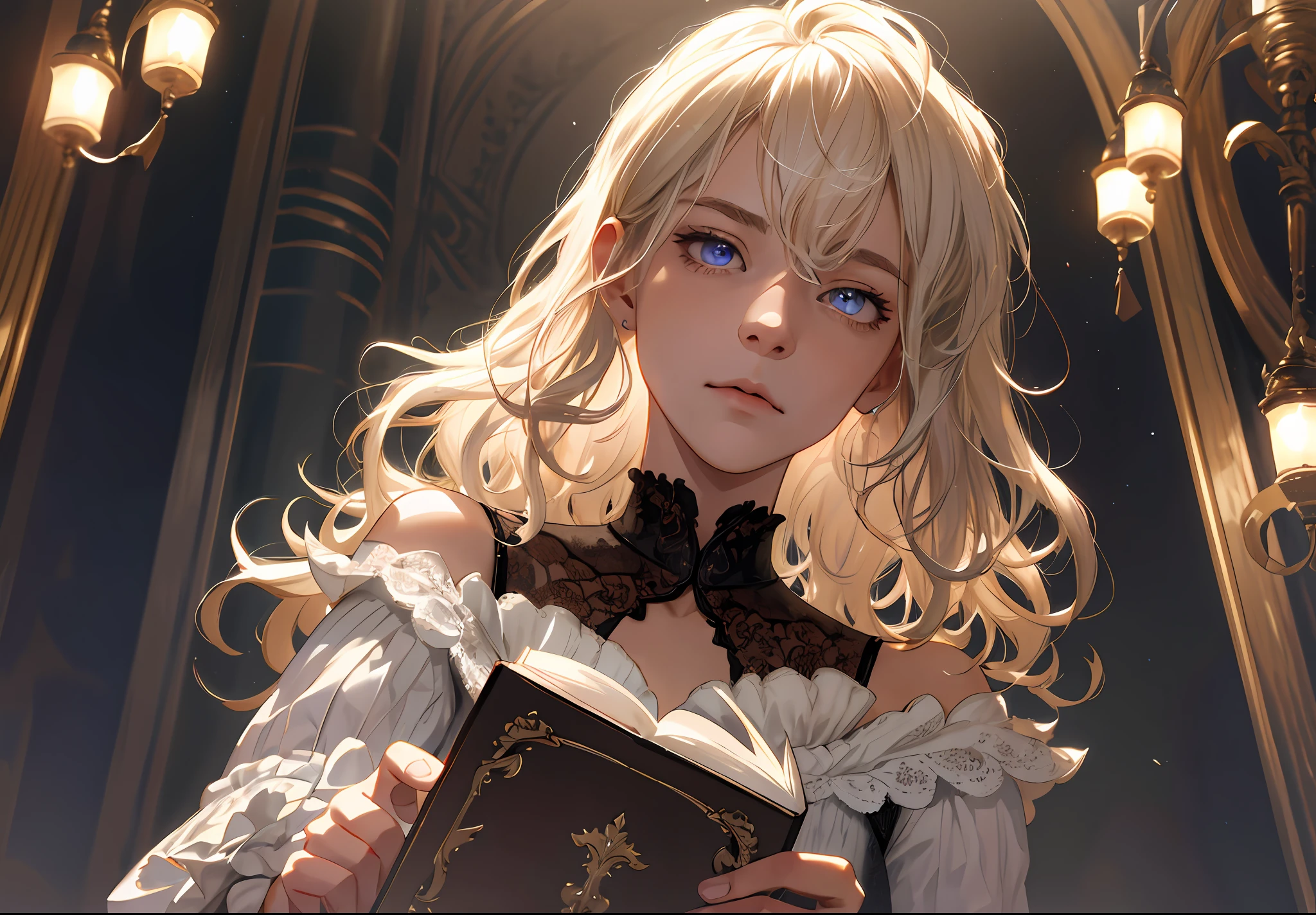 (absurdres, highres, ultra detailed), 1 male, young, femboy build, lean guy, shoulder length hair, curly blonde hair, wavy bob, platinum blond hair, ruby eyes, feminine face, dark gothic ouji male clothing, lace and frilly blouse, finely detailed eyes and detailed face, blushed cheeks, extremely detailed CG unity 8k wallpaper, splashscreen, intricate details, portrait, looking up from below, high angle shot, solo, half shot, detailed background, embarassed, eyes wide, open lips, holding a closed book, (color waves), gamer pc setup in the background, rim lighting, light from behind,