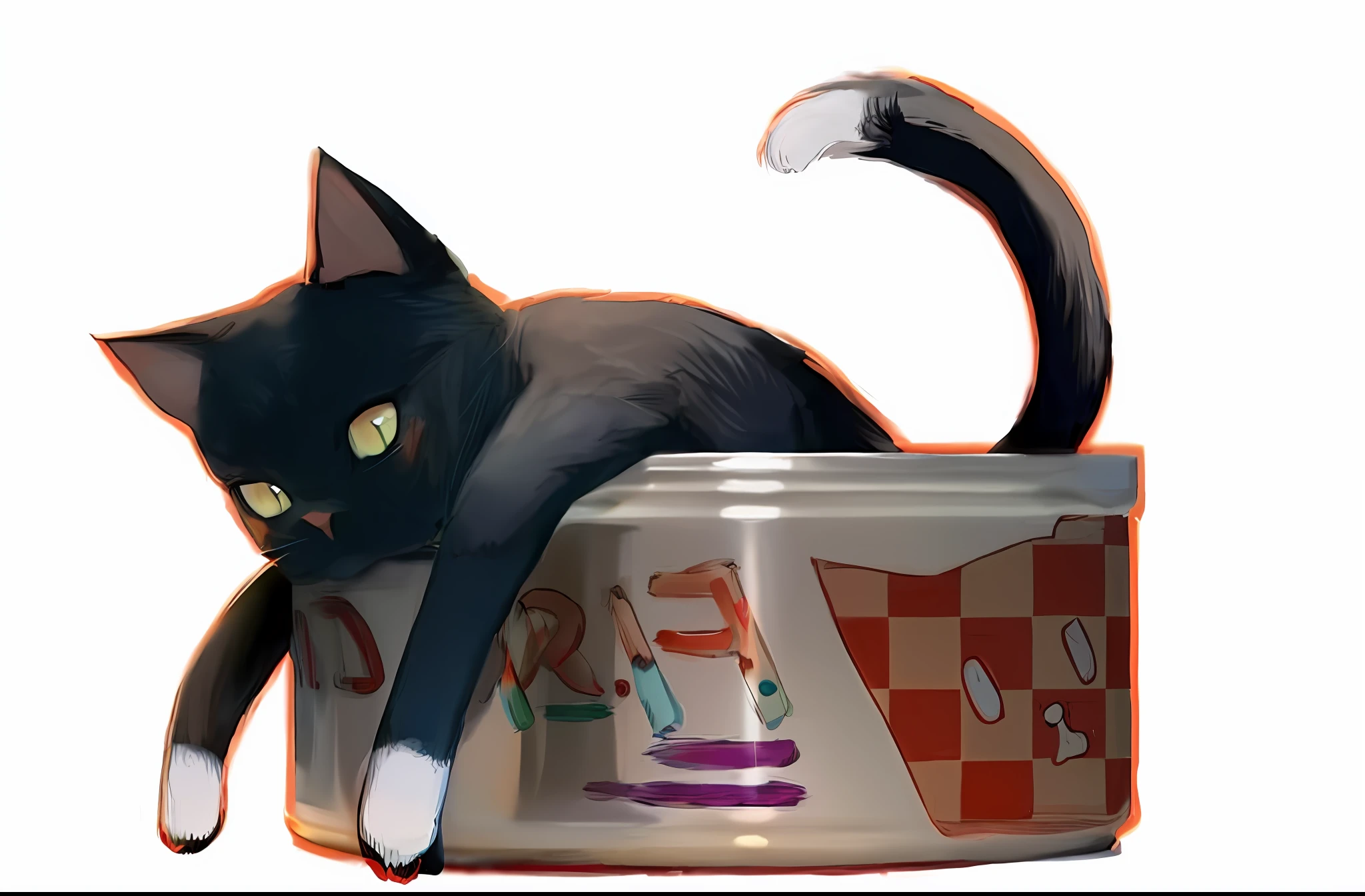 there is a black cat sitting on top of a can of food, anime cat, realistic anime cat, by Kose Kanaoka, sora as a cat, by Shitao, neko, cat eating, the cat cooks soup, cat. digital painting, nekomimi, anime visual of a cute cat, by Maki Haku, cat design --auto --s2