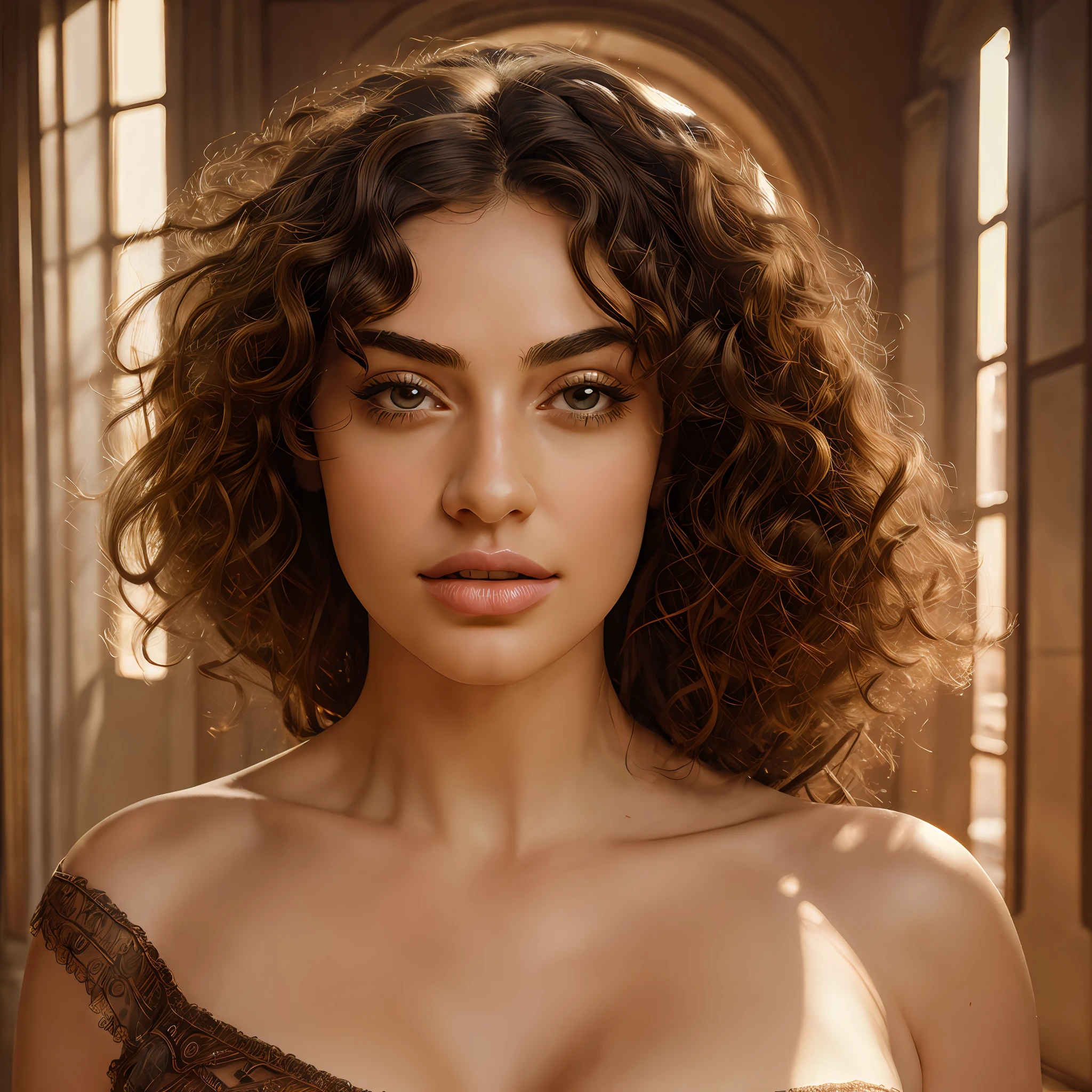 ((Masterpiece)), maximum quality, ultra detailed, an incredibly delicate and beautiful illustration, a woman with voluminous and hairy body, highlighting her peculiar features such as curly hair, arched eyebrows and flattened nose, in a wide frame with dynamic lighting and attractive background.