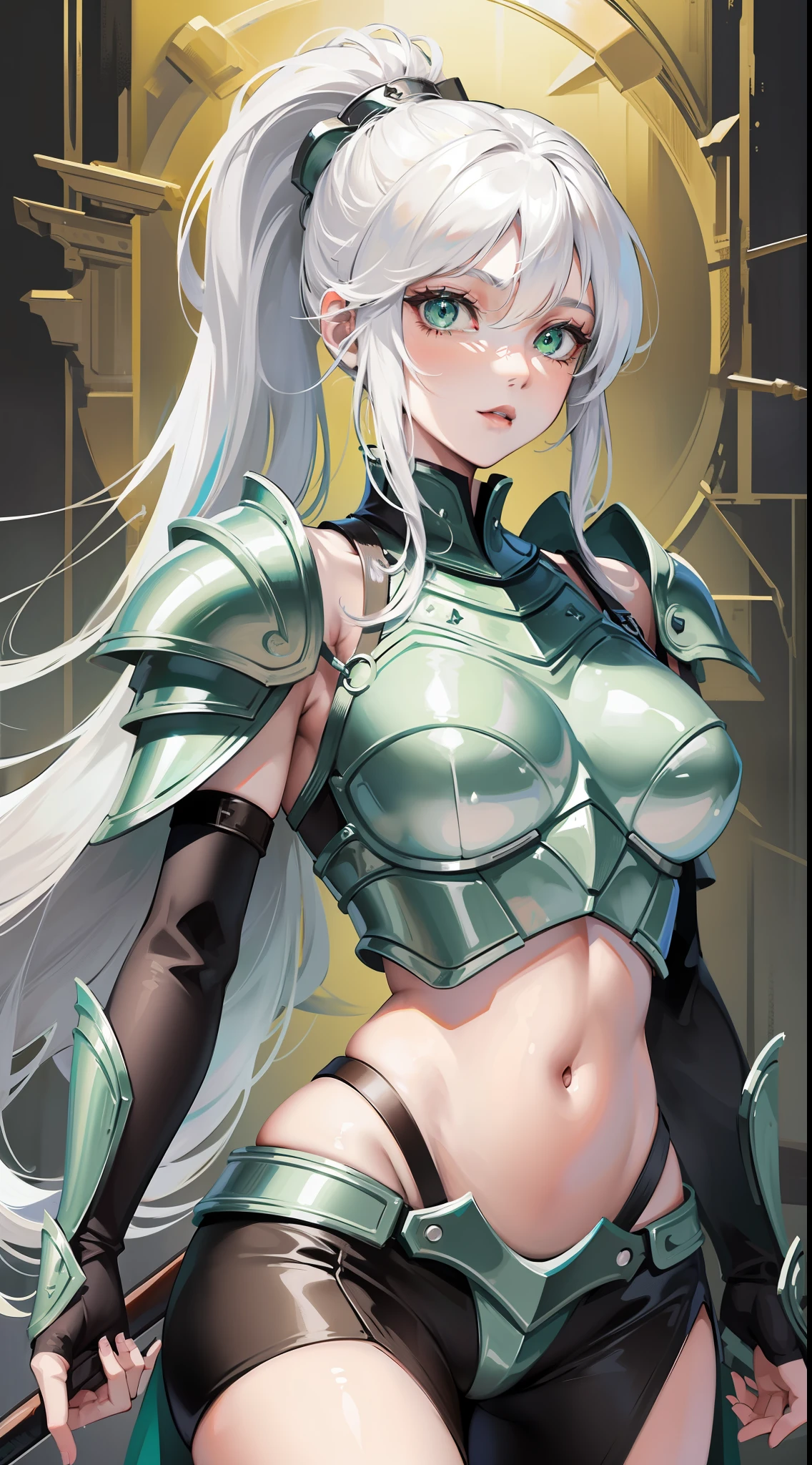 Adult woman, long white hair, high ponytail, green eyes, light knightly armor, sleeveless, open belly, shield, spear, masterpiece, high quality