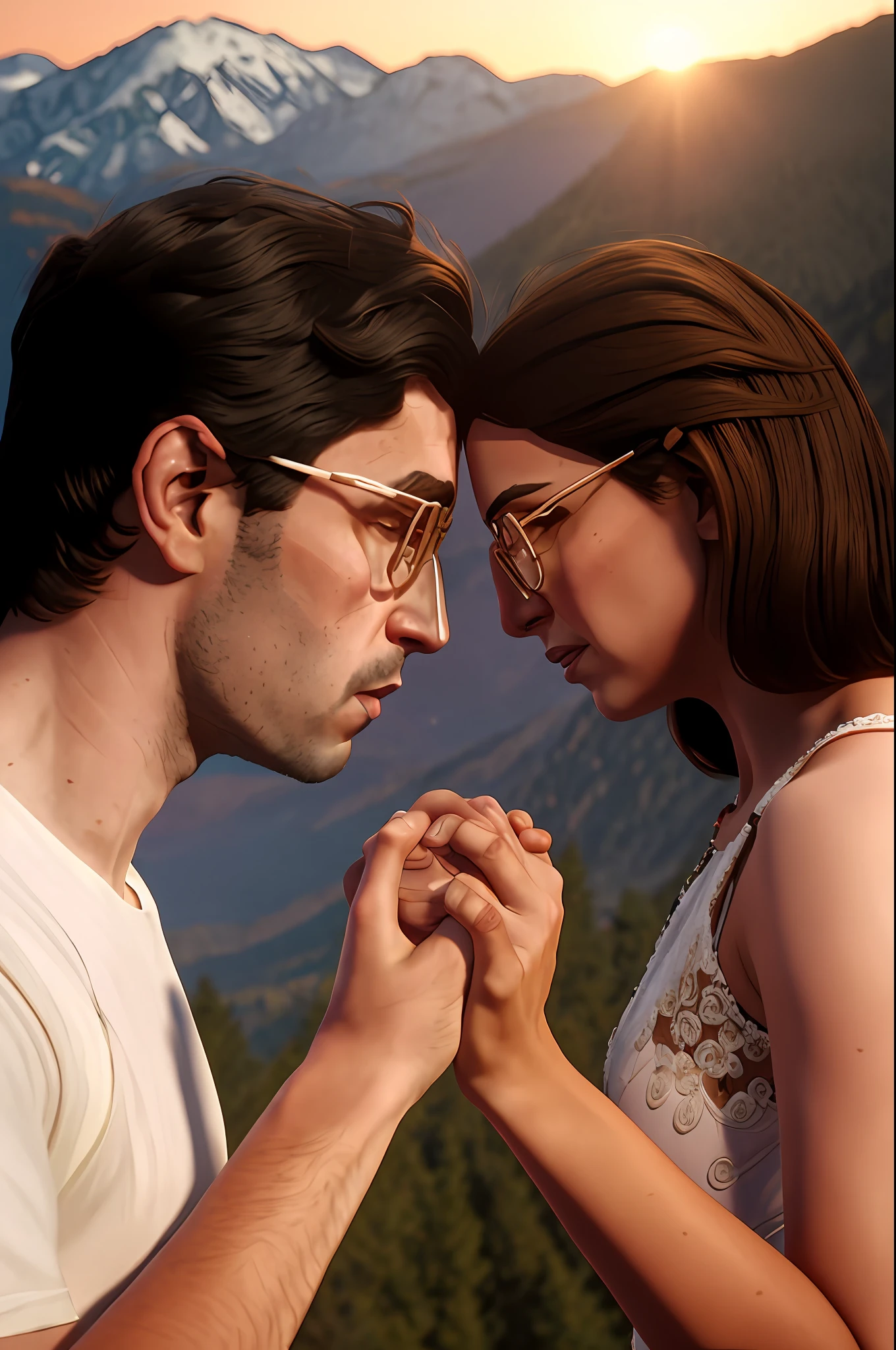 They are looking at each other holding hands, holding each other holding hands, looking at each other without thinking, portrait of two people, touching heads, reaching out to each other, facing each other, brunette man and woman in love, brunette woman with round glasses, brown woman in white dress,  Arcane style, with clear sky background and mountains, Sun background