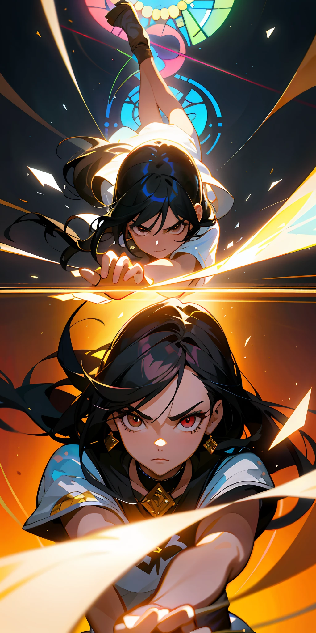 (masterpiece: 1.2, best quality), (beautiful finely detailed eyes: 1.2), (detailed background, dark fantasy), (beautiful and detailed face), high contrast, (best lighting, extremely delicate and beautiful), ((cinematic light)), colorful, hyperdetail, dramatic light, intricate details, (1 girl, solo, black hair, pointed face, low ponytail, red eyes, hair between eyes, dynamic angle), ), swirling black light around the character,  depth of field, black light particles, (broken glass), bright circle, extraordinary illustration, background, mixed-Idioma_Texto, Japanese letters in graffit, raw photo, ::comix style by Marc Silvestri:: perfect and detailed beautiful woman, style ::2.0 comix illustration style, tatoon style, ultra detailed model, (beautiful and clear background: 1.2),, fantastic paintings, graffit style, highly detailed eyes,  a white t-shirt or tatoon stamp, blonde hair, masterpiece, best quality, high quality, highres, detail enhancement, ((world's most beautiful image)), masterpiece, best quality, high quality, highres, detail enhancement, ((most beautiful image)), with shiny black hair, wearing round collar t-shirt, wearing jeans, , like yellow sneakers, emphasizing the integrity of the human body, emphasis on the correct 5 fingers on each hand and the correct shadow,  , beautiful woman with ultra detailed long hair, (beautiful and clear background: 1.2),open and angry mouth, fantastic paintings, graffiti style, flowers, highly detailed eyes, a t-shirt or dress with a white blouse underneath, position, with long black hair, stained glass windows, fantastic paintings by joe madureira, high quality, photo, adhesive art, beautiful woman with long hair,  freedom, soul, digital illustration, comic style, perfect ???????, centered, approaching perfection, dynamic, highly detailed, watercolor painting, artstation, concept art, smooth, sharp focus, il