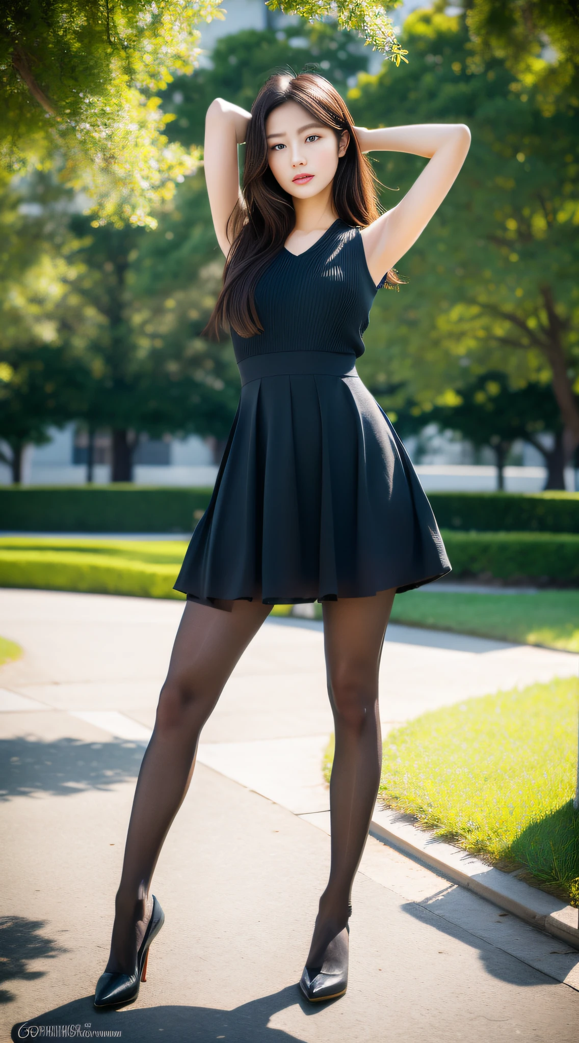 An Asian girl, delicate facial features, vivid eyes, tall figure, masterpiece, 8K, RAW, professional photography, more details, award-winning works, ultra high definition, retina screen, solution learning correct, (Trueness: 1.4), Dress, (colorless pantyhose: 1.4), soft light, full body view, 85mm, college campus, dynamic pose