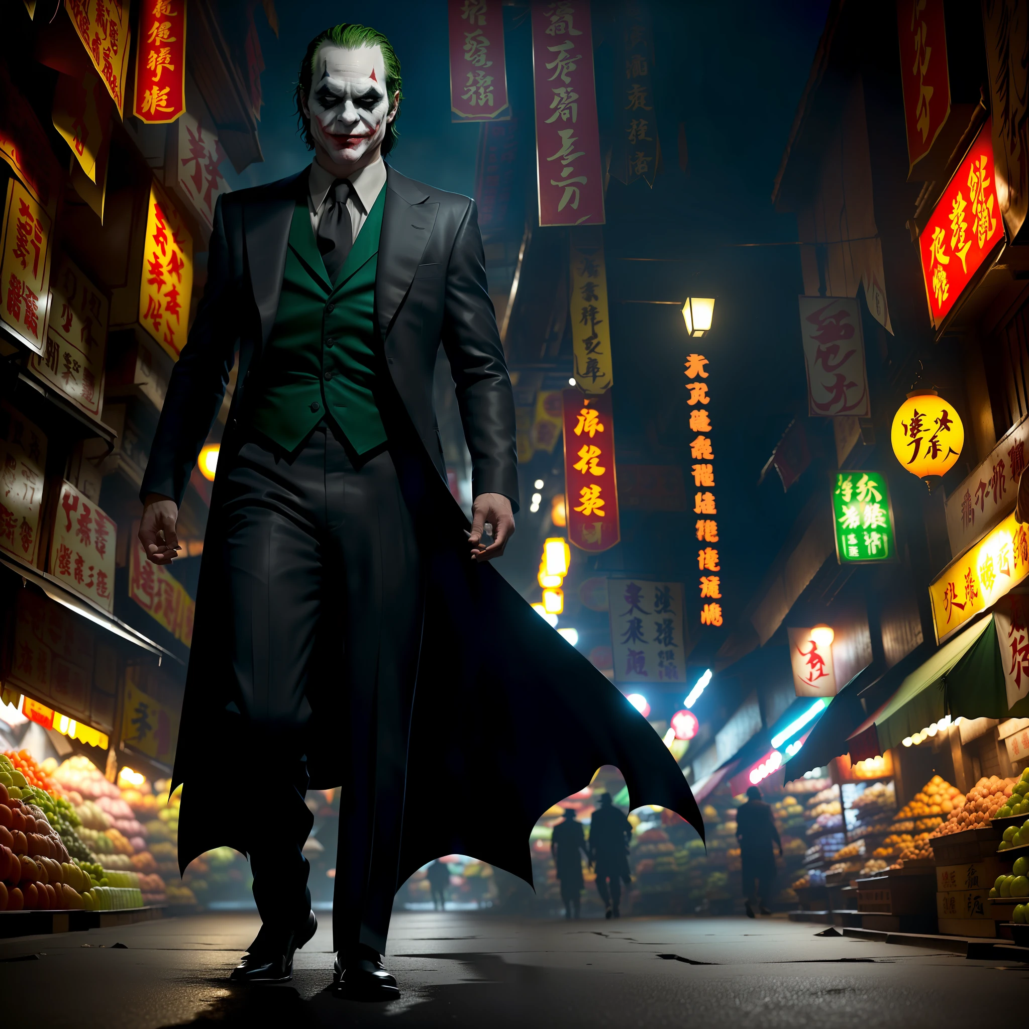 Low angle view, low angle shot, ultra detail photo of the notorious villain, Joker in the dark knight, walking in the street of local market of asian village, Joker in the street market, highly detailed, hyper realistic, octane render, unreal engine, 4k resolution