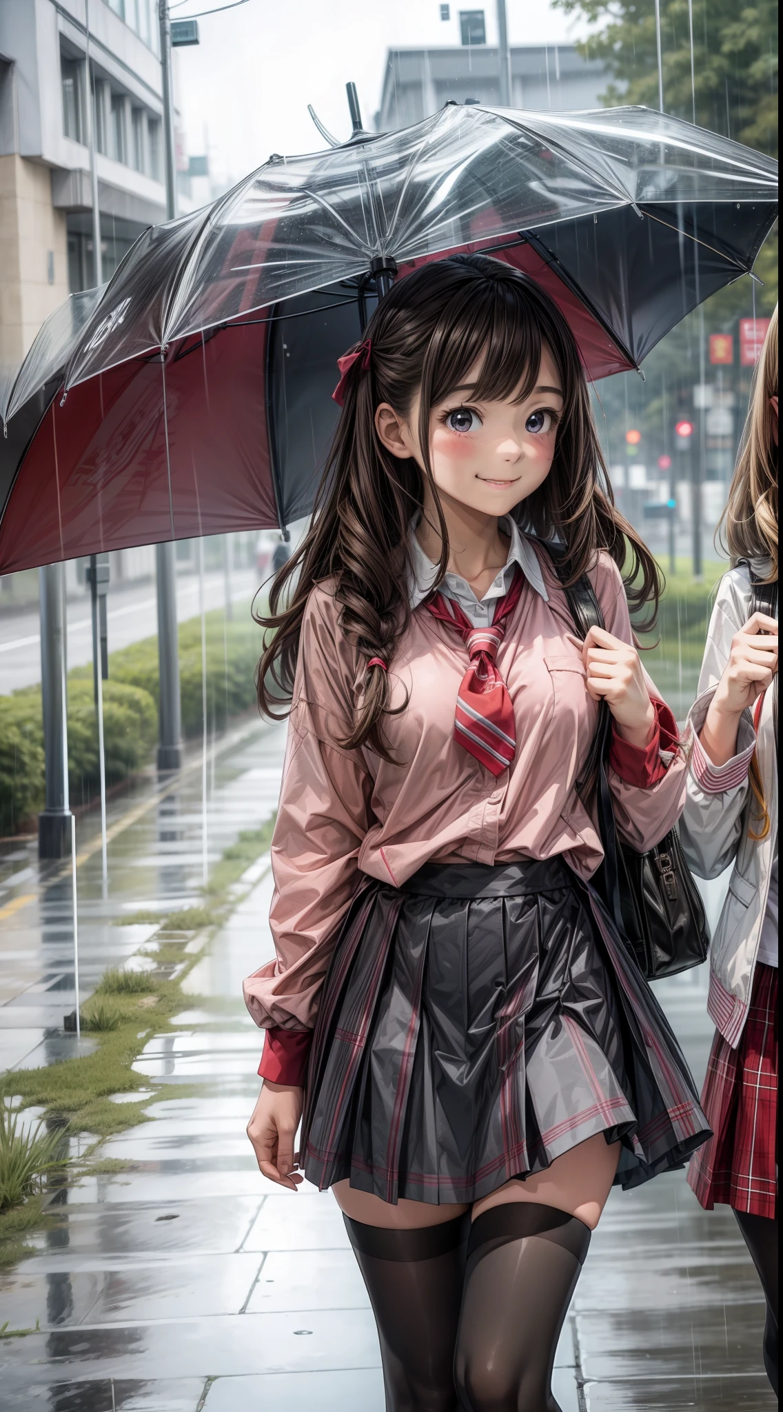 Two girls, school uniform, school uniform, walk together smiling, rainy day, 8k, Masterpiece, High Quality, High Definition
