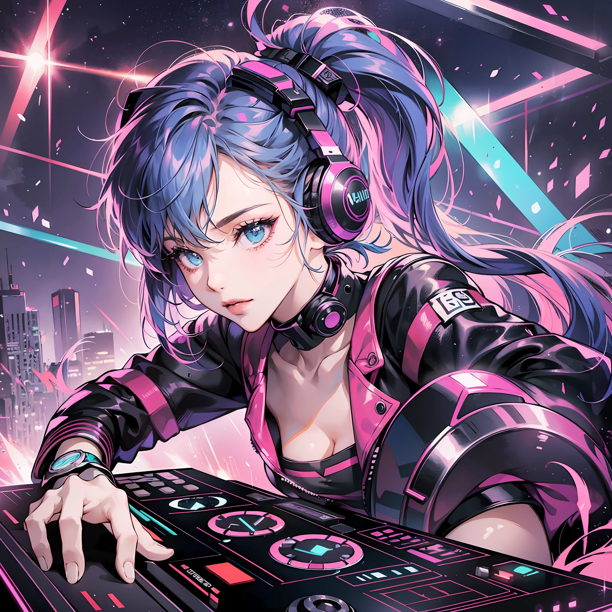An electrifying image showcasing a Cyberpunk girl DJ in action at a futuristic club. The scene takes place in a pulsating club atmosphere, with vibrant neon lights illuminating the dance floor. The girl, exuding confidence and style, stands behind the DJ booth adorned with holographic displays and cutting-edge technology. Her cybernetic enhancements, such as glowing circuitry embedded in her skin or vibrant LED tattoos, add a touch of futuristic flair. With one hand, she adjusts her sleek, high-tech headphones, while the other gracefully manipulates the DJ equipment, creating an explosion of beats and music. The club's energetic crowd dances and revels in the background, their silhouettes moving to the rhythm of the music. The air is filled with an electric energy, as lasers and futuristic effects enhance the visual spectacle. The girl's attire blends cyberpunk aesthetics with DJ fashion, featuring bold colors, edgy accessories, and an air of rebellion. The composition captures the girl's passion and skill, emphasizing her connection to the music and her ability to create an immersive experience for the club-goers. The colors are a mix of vibrant neon hues and dark, moody tones, reflecting the contrast between the cyberpunk setting and the energetic ambiance of the club. The aspect ratio is 1:1.``` --auto --s2