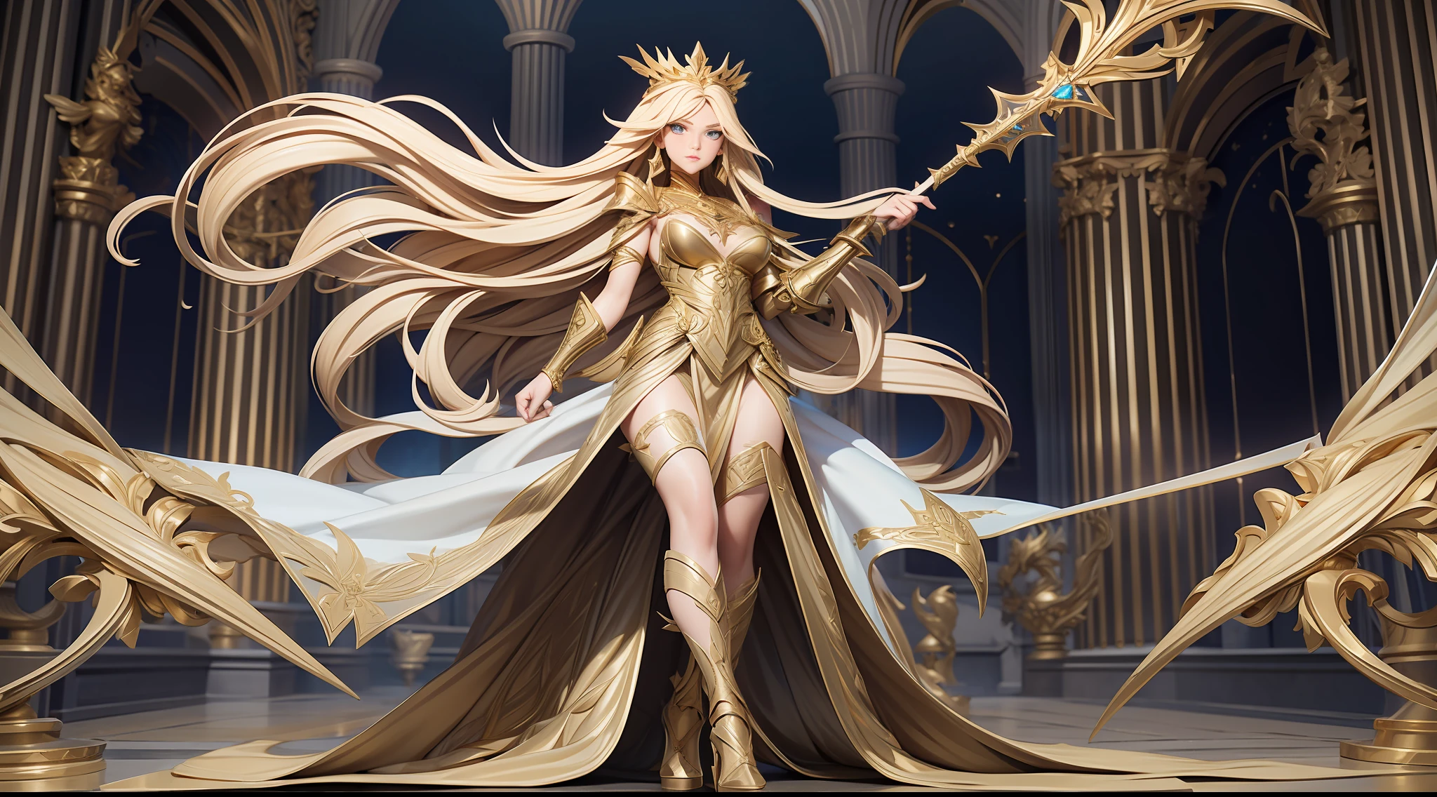 full body picture Unreal Engine 5 8K UHD of beautiful women, long blonde hair, warrior angel, fantasy world, long dress with gold lace, gold accessories, azure eyes, gold high heels, gold earrings, holding a sword, magical gold crown, white long glove with arm cuffs, best quality, masterpiece