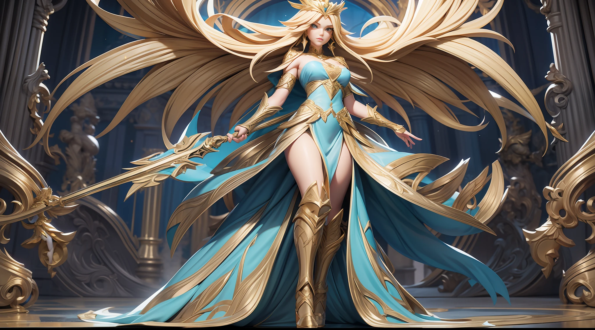 full body picture Unreal Engine 5 8K UHD of beautiful women, long blonde hair, warrior angel, fantasy world, long dress with gold lace, gold accessories, azure eyes, gold high heels, gold earrings, holding a sword, magical gold crown, white long glove with arm cuffs, best quality, masterpiece