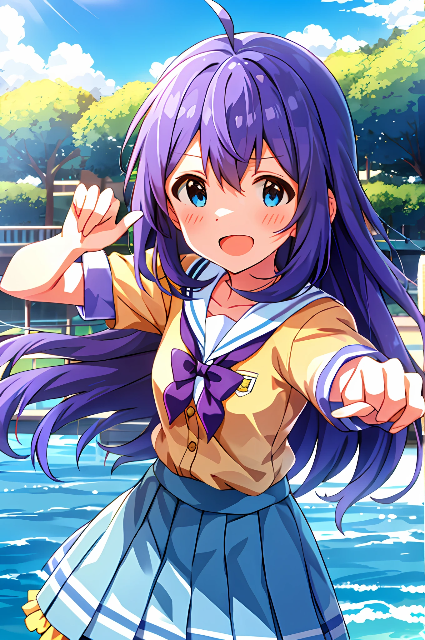 Anna Mochizuki (Million Live), Shiny Trinity (Costumes), (Best Quality, 8K, Masterpiece, Super Detail: 1.2), Sea, Sun, Mottled Sunlight, Blue Sky, Beautiful Clouds, 1 Girl, Solo, Skirt, Sad Face, Open Mouth, V, Watch Viewer, White Sailor Color, Blue Shirt, Sailor Color, Blue Skirt, Pleated Skirt, Short Sleeve, :d, Shirt, School Uniform, Blush, Serafku, clavicle, bow, ribbon, blue bow.fighting stance.