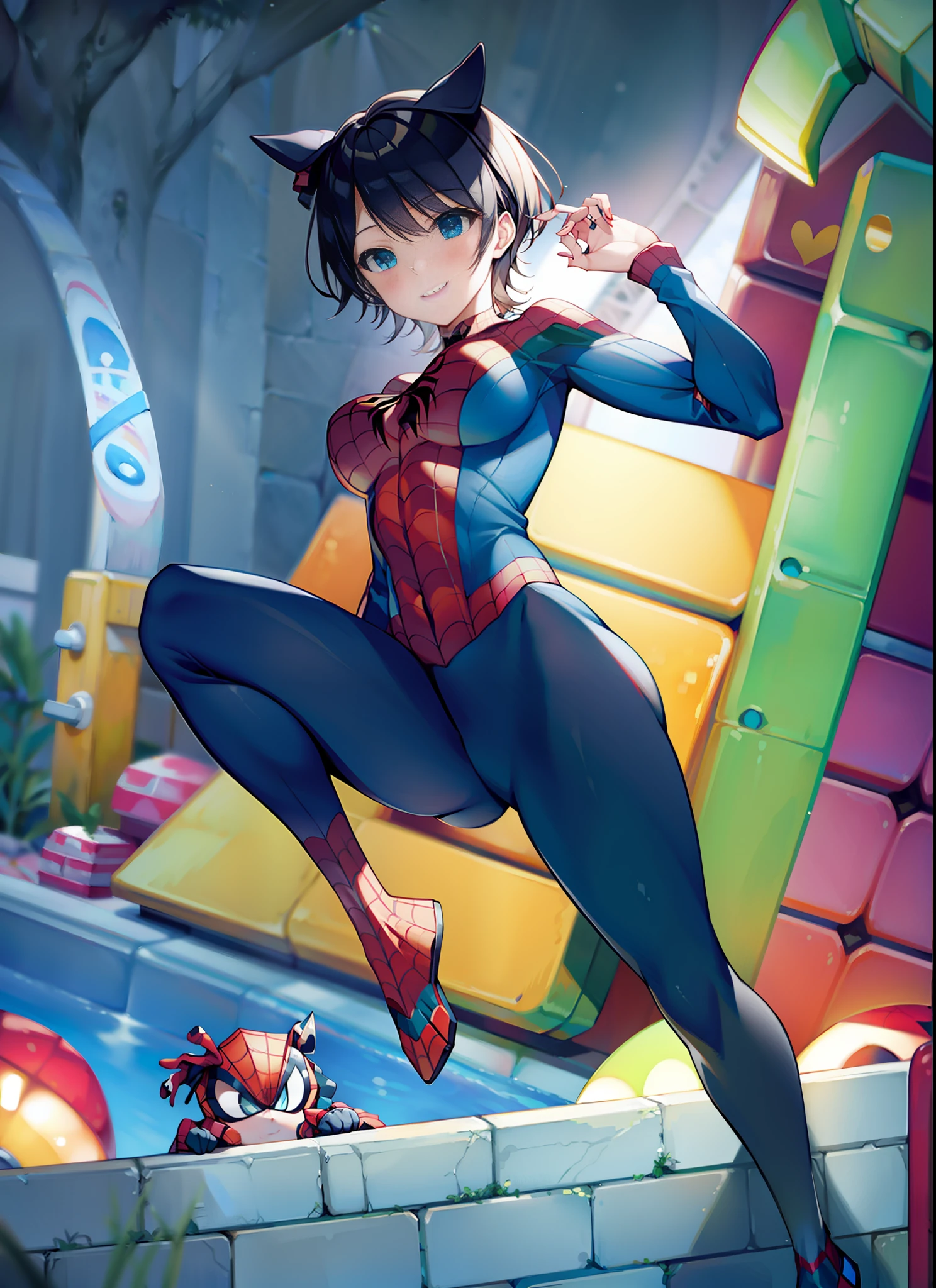 masterpiece, best quality, 8k, highres, 1girl, night, pool, neon, moon, seductive, spider suit,innocent smile,