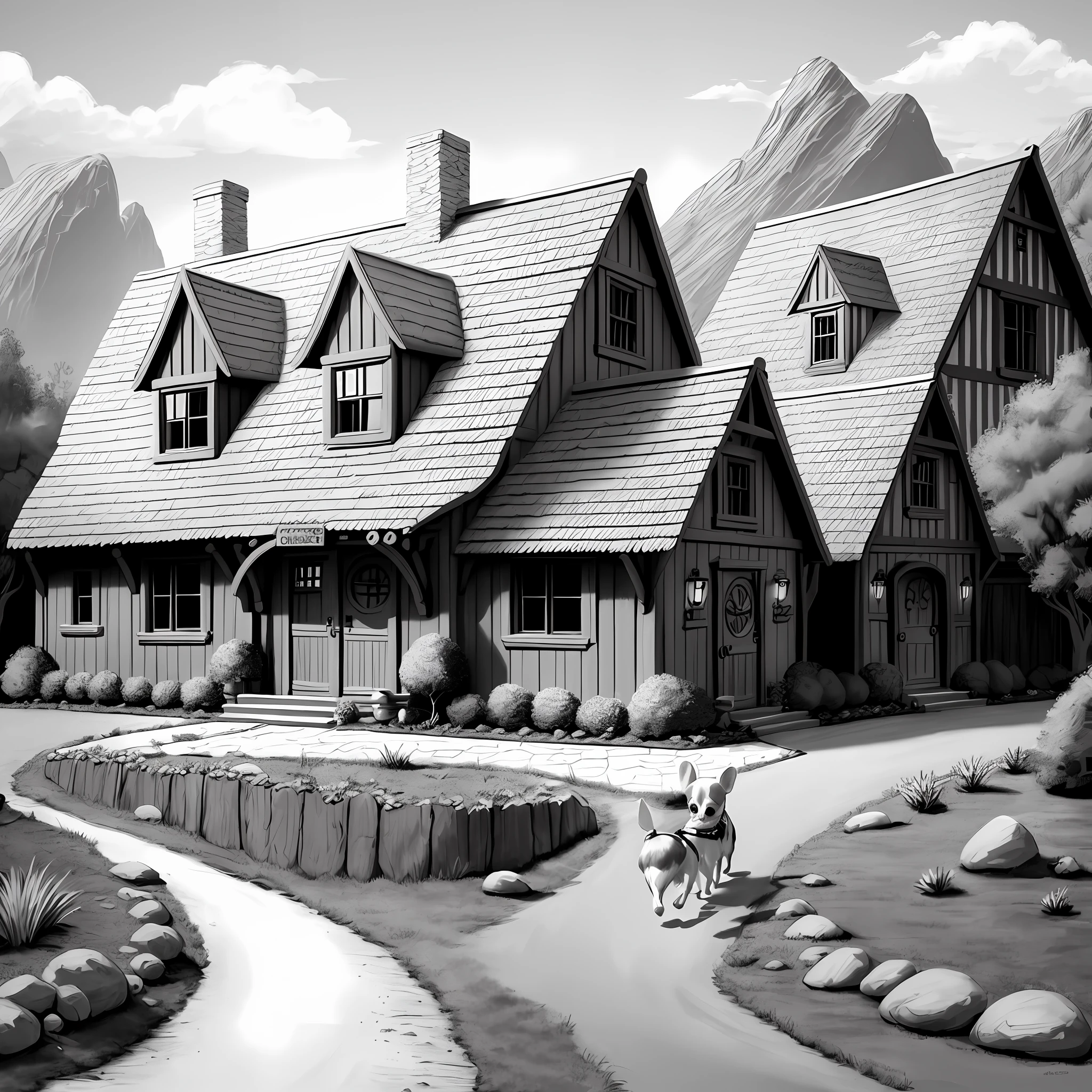 coloring page, Disney style, no color, small cute chihuahua dog, running, environment is a village with hobbit village style houses from Lord of the Rings