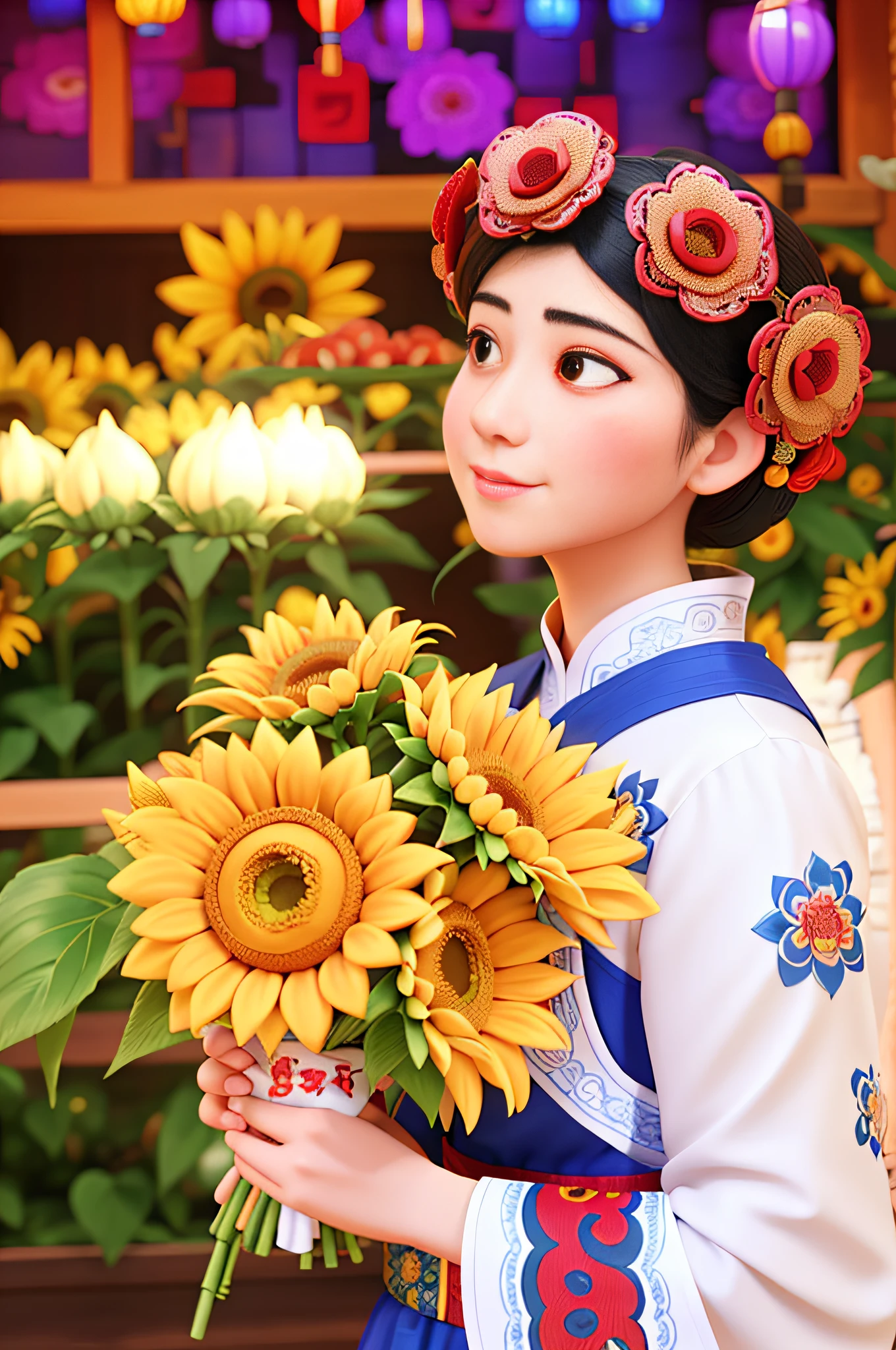 arafed woman in traditional dress holding a bouquet of sunflowers, traditional chinese, inspired by Jin Nong, inspired by Xie Sun, chinese woman, trending photo, inspired by Lan Ying, inspired by Li Mei-shu, inspired by Huang Ji, chinese girl, inspired by Luo Mu, inspired by Mei Qing, inspired by Pu Hua, inspired by Shao Mi