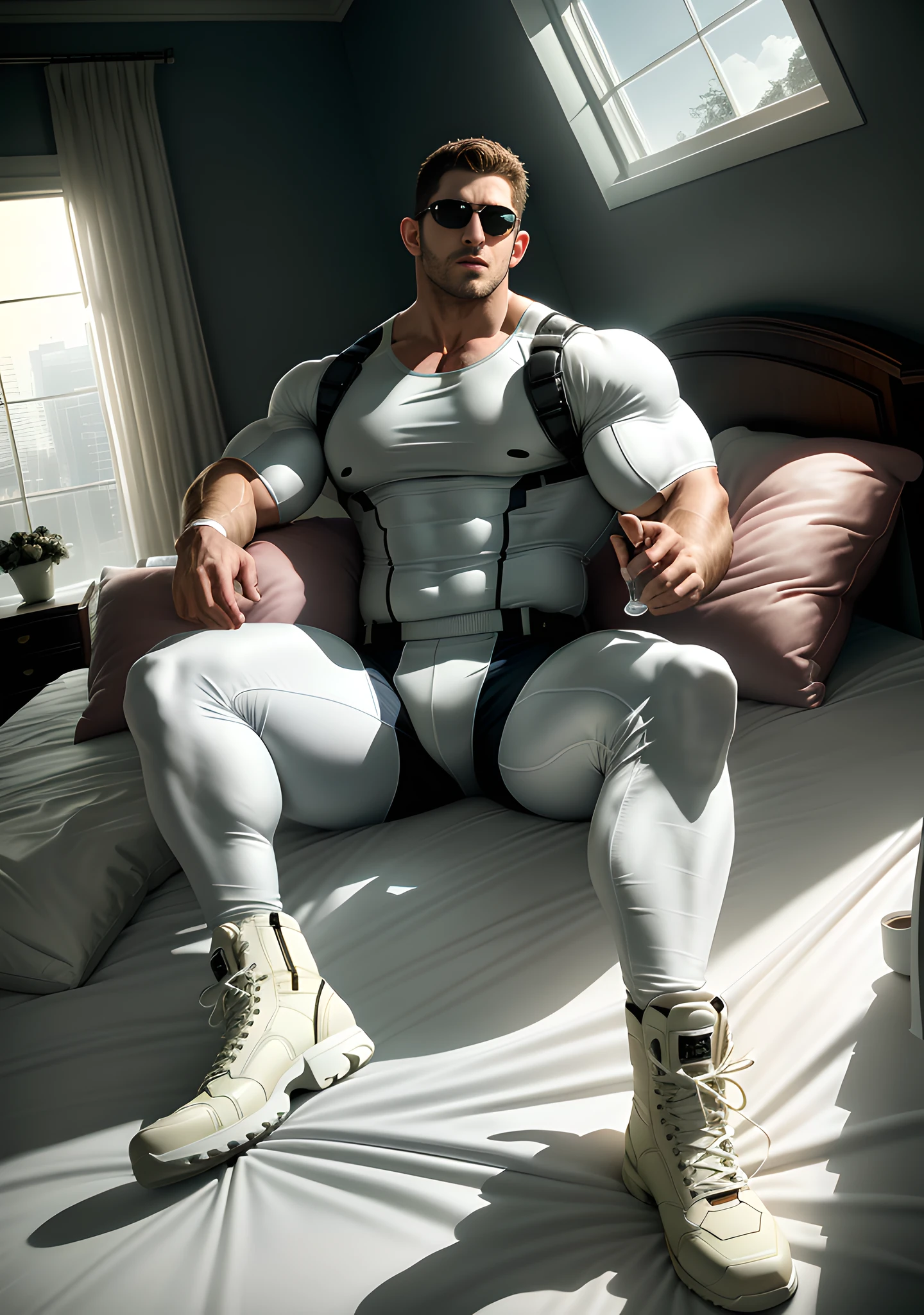 Movie poster, character design (Resident Evil - Chris Redfield) wearing a creamy white smooth spandex tight-fitting jumpsuit, in the high-end luxurious bedroom, lying on a white and soft big bed, muscle male hero, heroic male pose, tall burly, muscular! Wearing sunglasses, sexy charming muscular leg muscles, tall and burly, wearing cream white smooth spandex tight jumpsuit, super gain and cool, high resolution committee, cream white combat boots, attractive strong men, blazing sunlight shining through the window