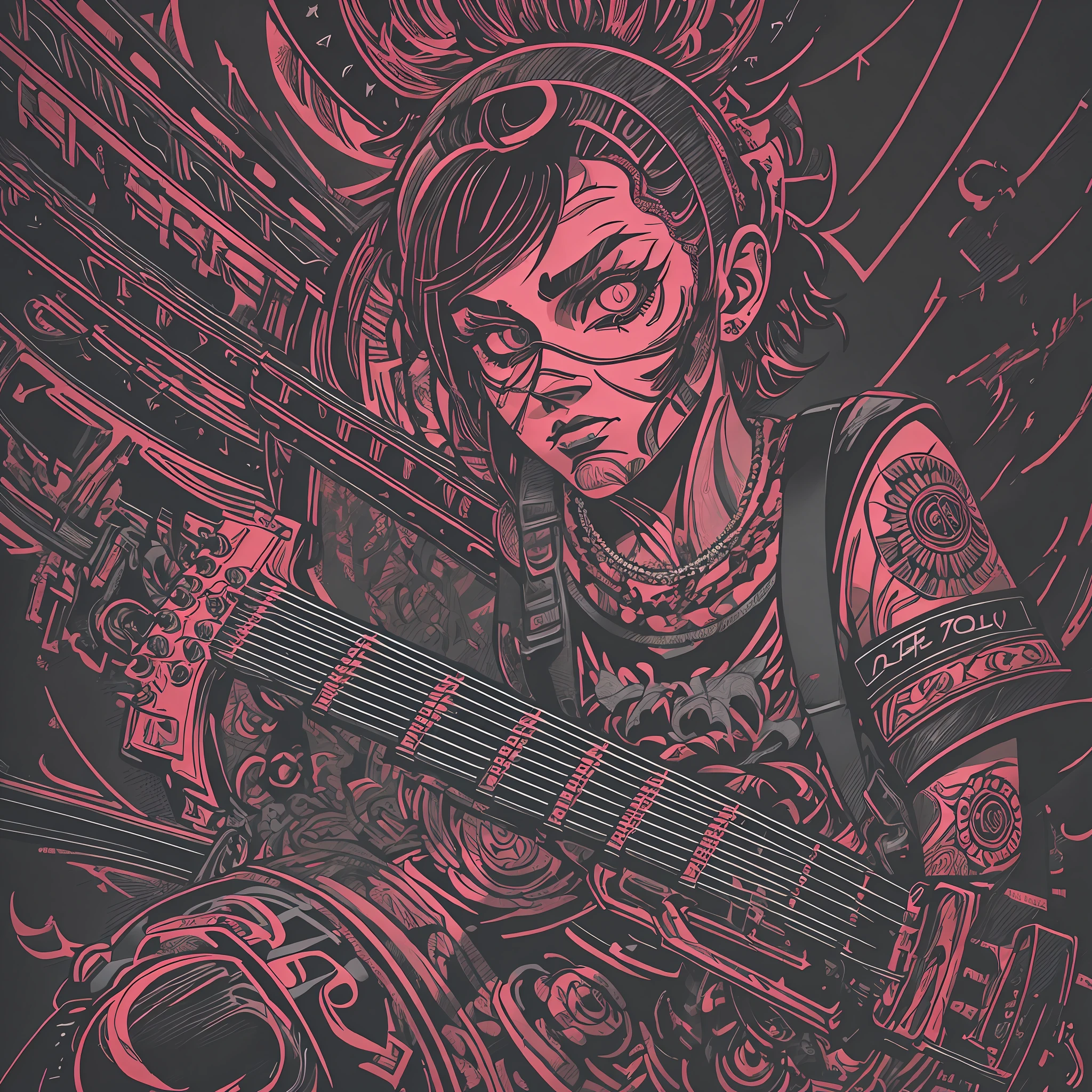T-shirt art, 2D, ((black background: 1, 5)), vector, vivid colors, guitar punk, punk style, dystopian stage, masterpiece, best quality, intricate details, perfect symmetrical face, rim light, moonlight , cinematic shading, Greg Rutkowisk --auto --s2