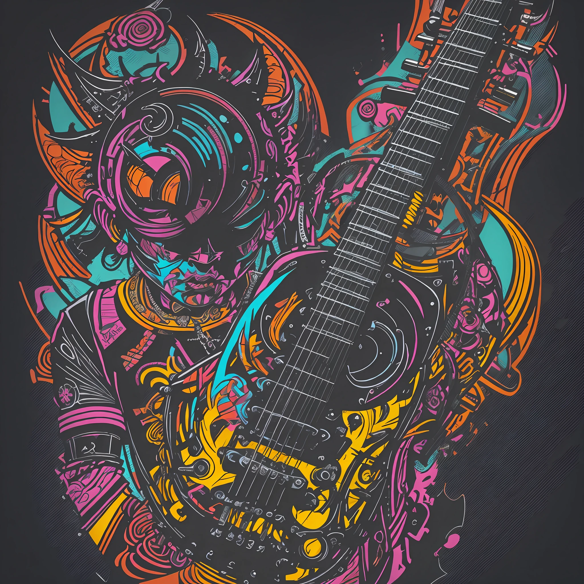 T-shirt art, 2D, ((black background: 1, 5)), vector, vivid colors, guitar punk, punk style, dystopian stage, masterpiece, best quality, intricate details, perfect symmetrical face, rim light, moonlight , cinematic shading, Greg Rutkowisk --auto --s2