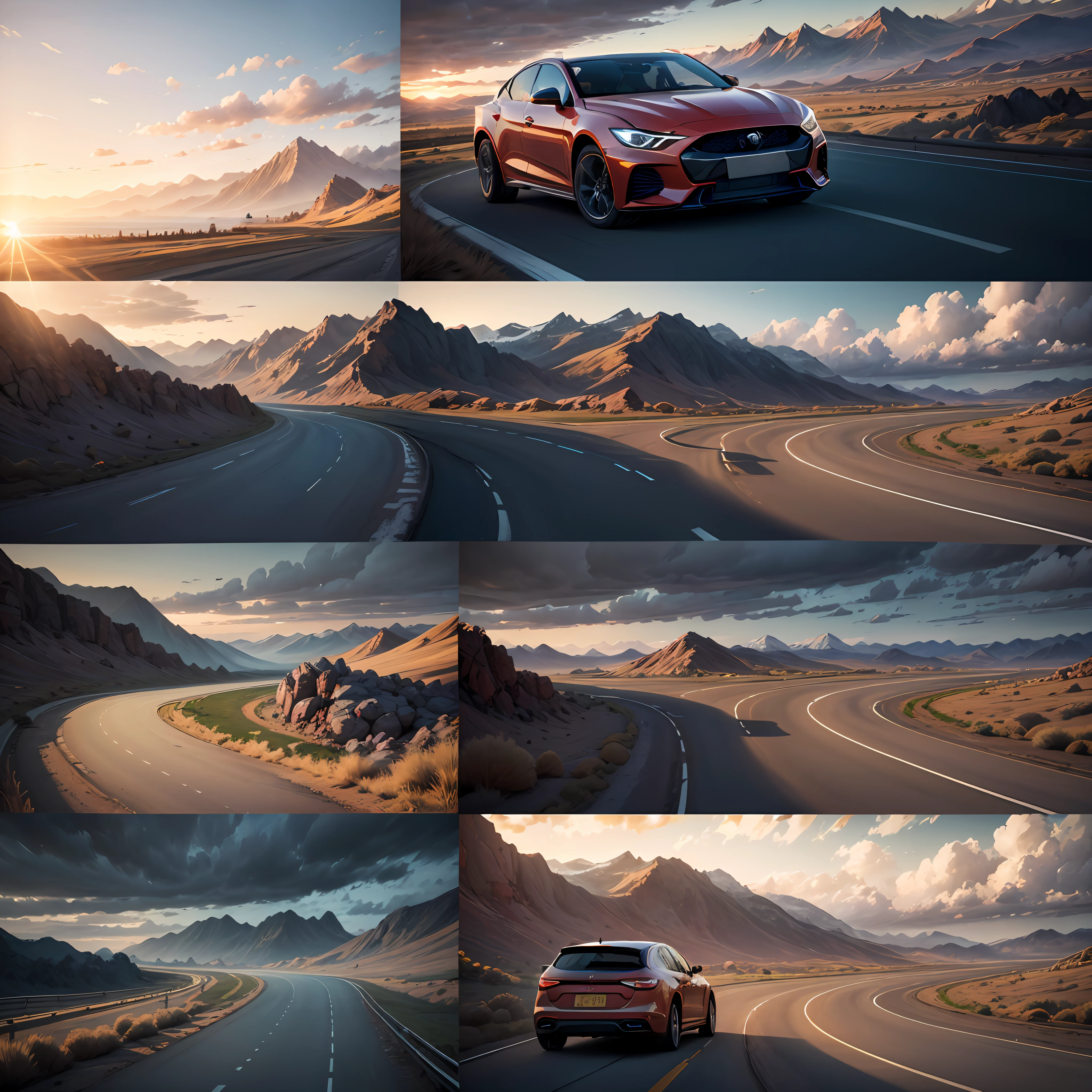 Images of an ordinary car driving at extreme speed on the highway, 4K highly detailed digital art, 8K stunning artwork, 8K resolution digital painting, digital painting. Octane rendering, scene photography, adventure ultra-realistic rendering, sunlight shining through the clouds, the mountains in the distance undulating --auto --s2
