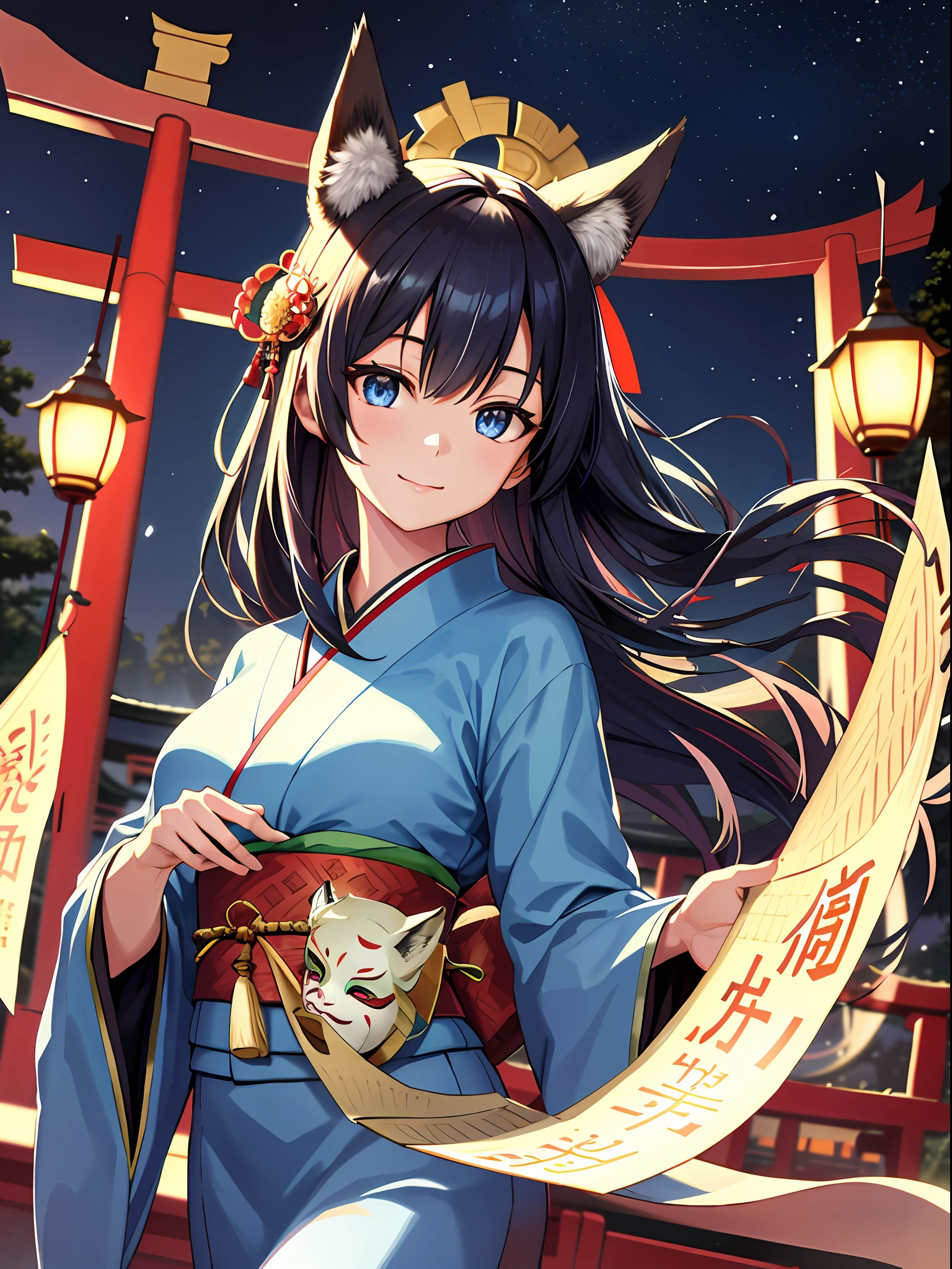 (absurdres, highres, ultra detailed), close-up of face, emphasis on face, focus on face, one woman, mature woman, aged, long straight hair, shiny beautiful hair, blue eyes, bangs, long sleeves, finely drawn eyes and detailed face, eye highlights, hands without breaks, rich Lighting, Highly detailed CG unified 8K wallpaper, Intricate details, Portrait, Gazing, Solo, Half shot, Fine drawn face, Soft smile, Dynamic pose, Classical period, (Ancient Japanese themed: 1.1), Japanese mythology, Fox ears, Japanese people, ruler, Blue kimono Japanese, Floral kimono, Ancient theme, (Prosperous Civilization: 1.1), Moon in background, (Immaculate: 1.1) shrine, Torii gate, Japanese landscape, Ancient city in background, Fox mask on head, Fantastic, dreamy, dancing lights, lantern, Austere, Night, Darkness, Stars, Portrait, Cinematic lighting