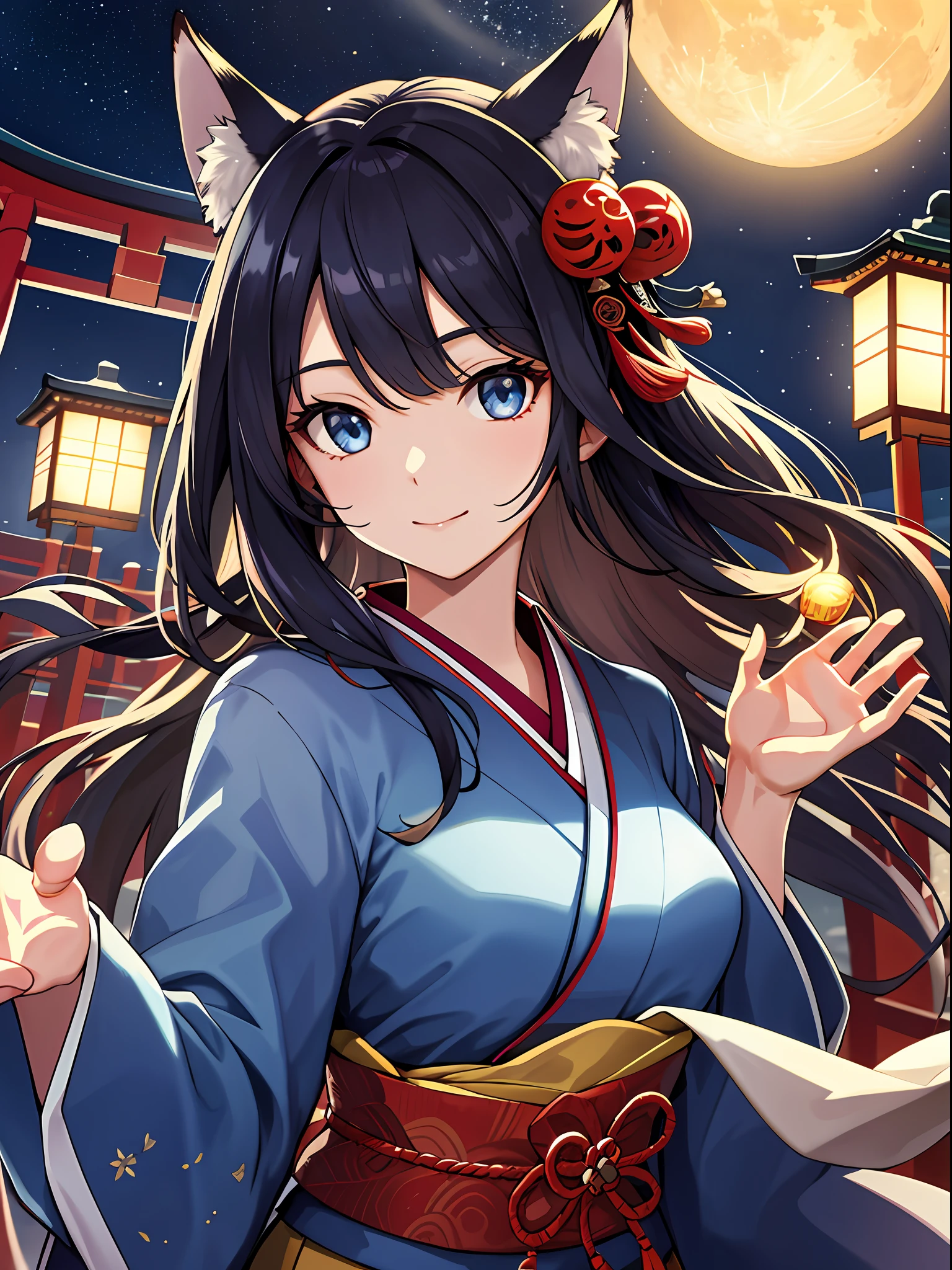 (absurdres, highres, ultra detailed), close-up of face, emphasis on face, focus on face, one woman, mature woman, aged, long straight hair, shiny beautiful hair, blue eyes, bangs, long sleeves, finely drawn eyes and detailed face, eye highlights, hands without breaks, rich Lighting, Highly detailed CG unified 8K wallpaper, Intricate details, Portrait, Gazing, Solo, Half shot, Fine drawn face, Soft smile, Dynamic pose, Classical period, (Ancient Japanese themed: 1.1), Japanese mythology, Fox ears, Japanese people, ruler, Blue kimono Japanese, Floral kimono, Ancient theme, (Prosperous Civilization: 1.1), Moon in background, (Immaculate: 1.1) shrine, Torii gate, Japanese landscape, Ancient city in background, Fox mask on head, Fantastic, dreamy, dancing lights, lantern, Austere, Night, Darkness, Stars, Portrait, Cinematic lighting