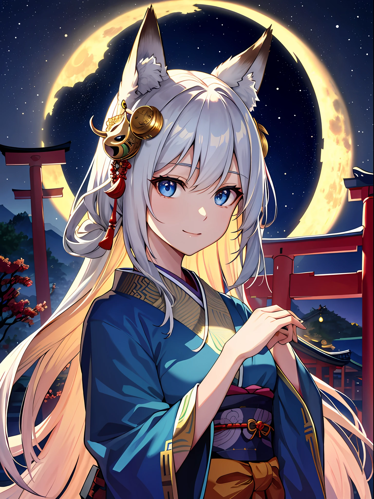 (absurdres, highres, ultra detailed), close-up of face, emphasis on face, focus on face, one woman, mature woman, aged, long straight hair, shiny beautiful hair, blue eyes, bangs, long sleeves, finely drawn eyes and detailed face, eye highlights, hands without breaks, rich Lighting, Highly detailed CG unified 8K wallpaper, Intricate details, Portrait, Gazing, Solo, Half shot, Fine drawn face, Soft smile, Dynamic pose, Classical period, (Ancient Japanese themed: 1.1), Japanese mythology, Fox ears, Japanese people, ruler, Blue kimono Japanese, Floral kimono, Ancient theme, (Prosperous Civilization: 1.1), Moon in background, (Immaculate: 1.1) shrine, Torii gate, Japanese landscape, Ancient city in background, Fox mask on head, Fantastic, dreamy, dancing lights, lantern, Austere, Night, Darkness, Stars, Portrait, Cinematic lighting