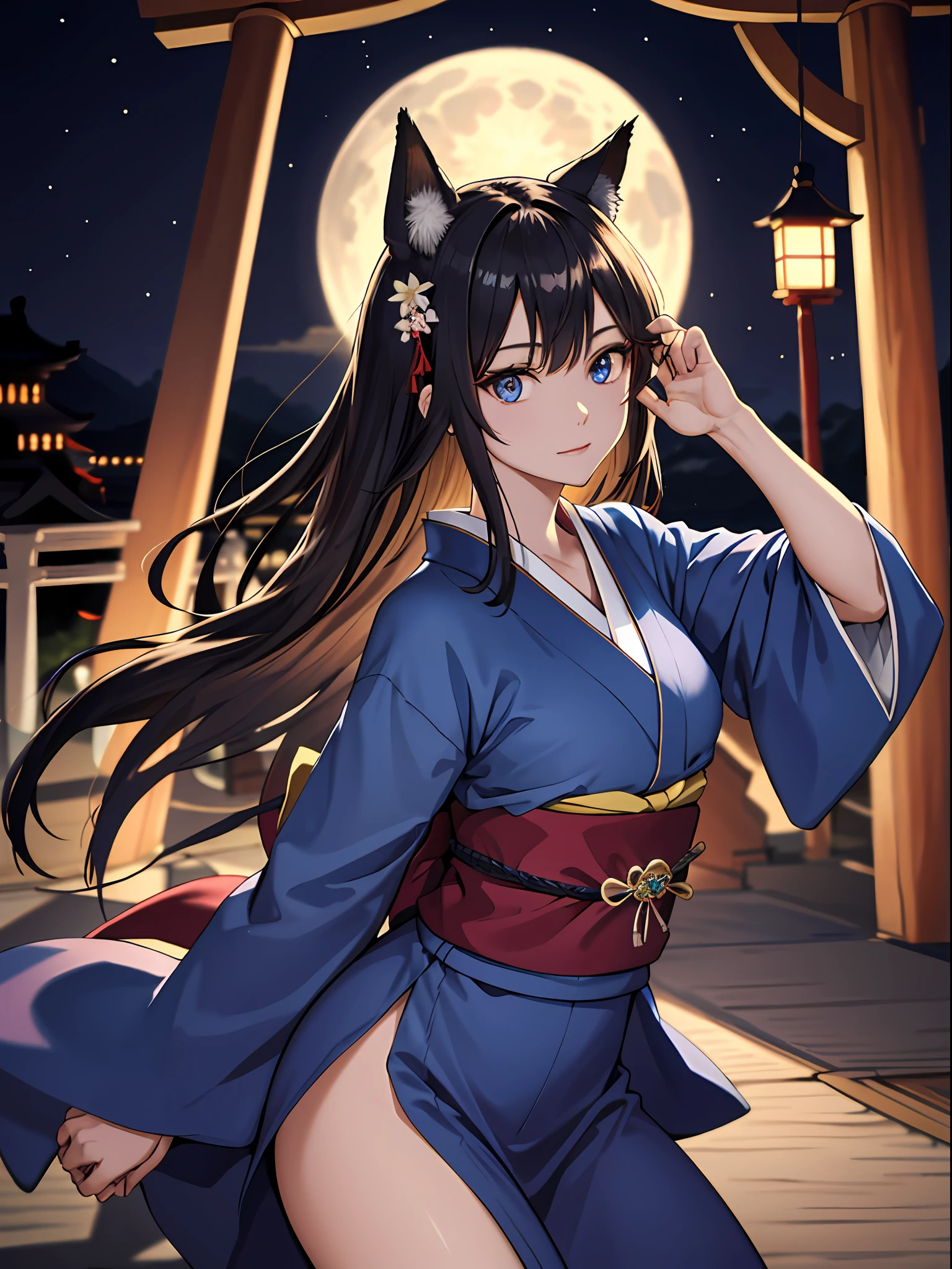 (absurdres, highres, ultra detailed), close-up of face, emphasis on face, focus on face, one woman, mature woman, aged, long straight hair, shiny beautiful hair, blue eyes, bangs, long sleeves, finely drawn eyes and detailed face, eye highlights, hands without breaks, rich Lighting, Highly detailed CG unified 8K wallpaper, Intricate details, Portrait, Gazing, Solo, Half shot, Fine drawn face, Soft smile, Dynamic pose, Classical period, (Ancient Japanese themed: 1.1), Japanese mythology, Fox ears, Japanese people, ruler, Blue kimono Japanese, Floral kimono, Ancient theme, (Prosperous Civilization: 1.1), Moon in background, (Immaculate: 1.1) shrine, Torii gate, Japanese landscape, Ancient city in background, Fox mask on head, Fantastic, dreamy, dancing lights, lantern, Austere, Night, Darkness, Stars, Portrait, Cinematic lighting