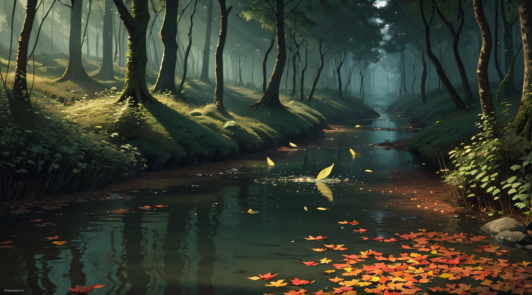 deep in the forest divided by a river with leaves floating on the water. night, horror