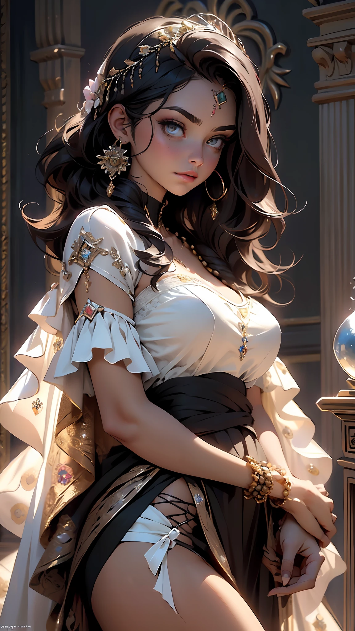 (((BLACK HAIR, [PERFECT REALISTIC EYES])))), ultra realistic 8k CG, perfect face, flawless, clean, masterpiece, professional artwork, famous art, cinematic lighting, cinematic flower, perfect face, beautiful face, beautiful eyes, (((perfect female body, narrow waist))), beautiful queen, royal, divine, goddess, (royal palace), fantasy, dreamlike, unreal, science fiction, (huge breasts), beautiful clothes, lace, lace trim,  lacy legwear, nsfw, breasts out, absurdly long hair, very long hair, (rich: 1.4), prestige, luxury, jewelry, diamond, gold, pearl, gem, sapphire, ruby, emerald, intricate detail, delicate pattern, sexy, charming, seductive, seductive, erotic, charming, hair ornament, necklace, earrings, bracelet, armband, looking at the viewer,