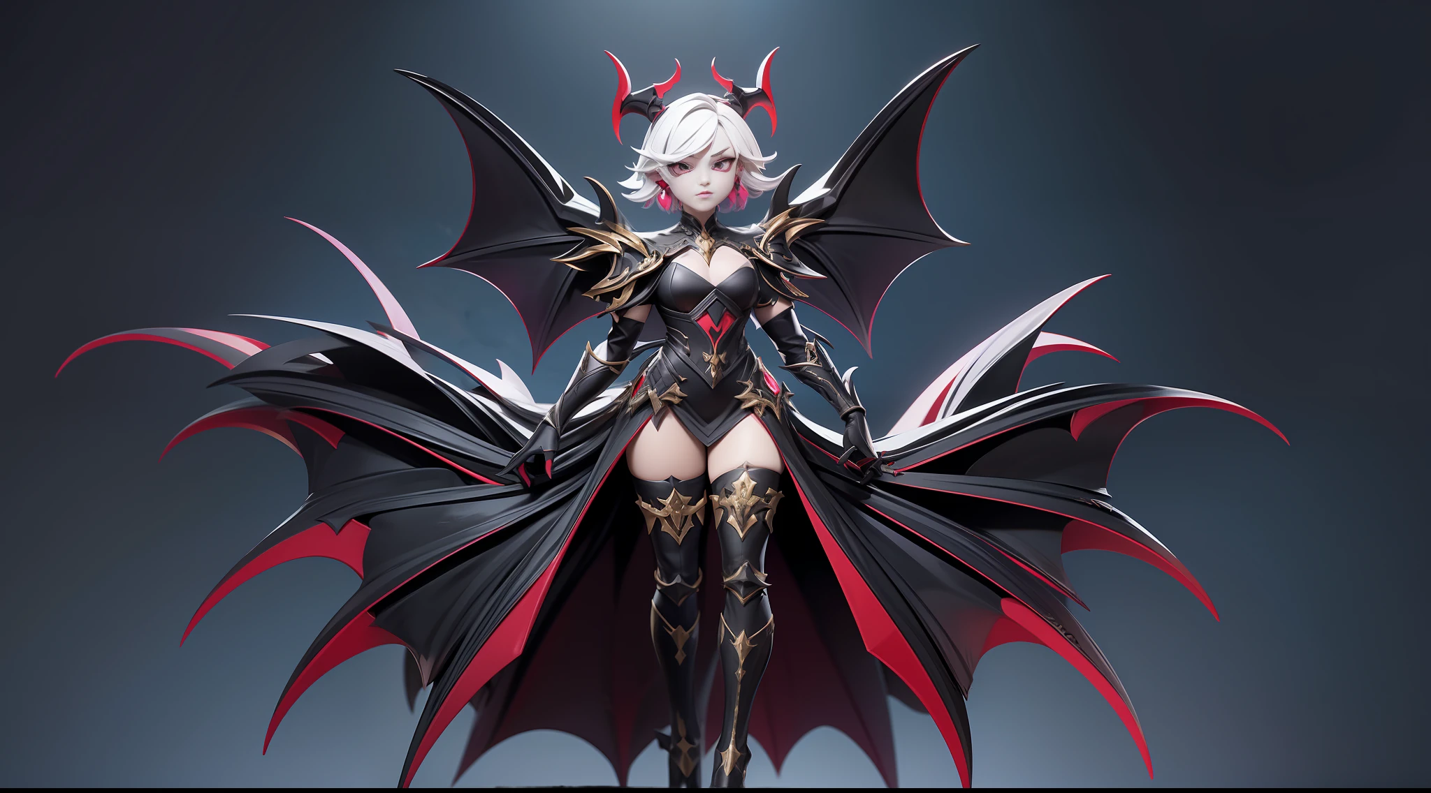 full body picture Unreal Engine 5 8K UHD of beautiful demon women, white short hair, demon, fantasy world, shiny black armor with red details, gold accessories, purple demon eyes, black high heels, gold earrings, holding a whip, devil horn, black long glove with arm cuffs and red details, black smoke on left hand, demon wings, best quality, masterpiece