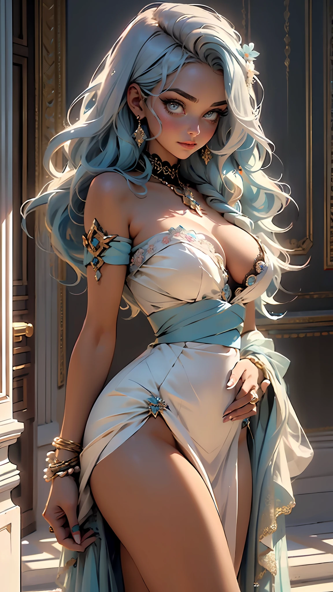 (((BLUE hair, [white hair]))), ultra realistic 8k CG, perfect face, flawless, clean, masterpiece, professional artwork, famous art, cinematic lighting, cinematic flower, perfect face, beautiful face, beautiful eyes, (((perfect female body, narrow waist))), beautiful queen, royal, divine, goddess, (royal palace), fantasy, dreamlike, unreal, science fiction, (huge breasts), beautiful clothes, lace, lace trim, lace legwear,  nsfw, breasts out, absurdly long hair, very long hair, (rich: 1.4), prestige, luxury, jewelry, diamond, gold, pearl, gem, sapphire, ruby, emerald, intricate detail, delicate pattern, sexy, charming, seductive, seductive, erotic, charming, hair ornament, necklace, earrings, bracelet, armband, looking at the viewer,
