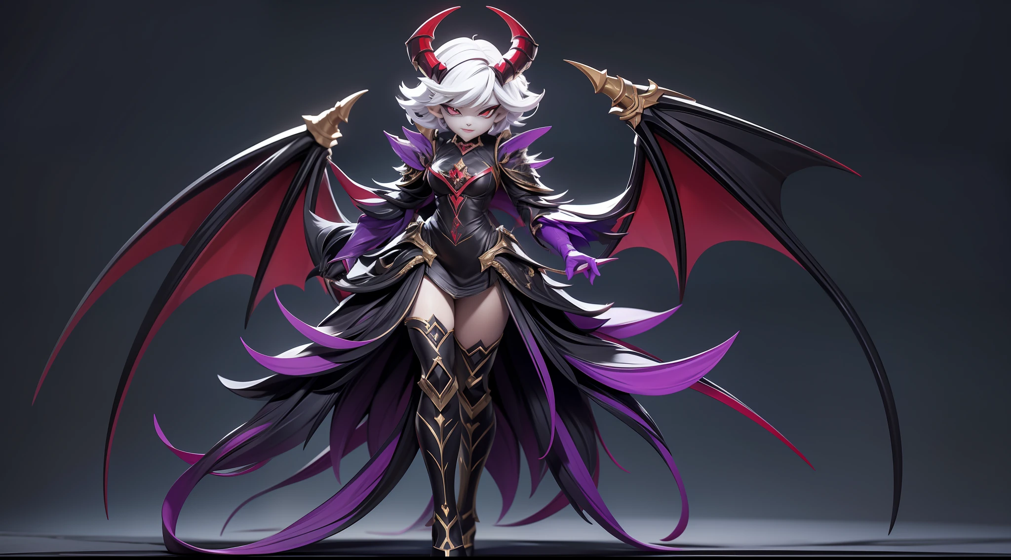 full body picture Unreal Engine 5 8K UHD of beautiful demon women, white short hair, demon, fantasy world, shiny black armor with red details, gold accessories, purple demon eyes, black high heels, gold earrings, holding a whip, devil horn, black long glove with arm cuffs and red details, black smoke on left hand, demon wings, best quality, masterpiece