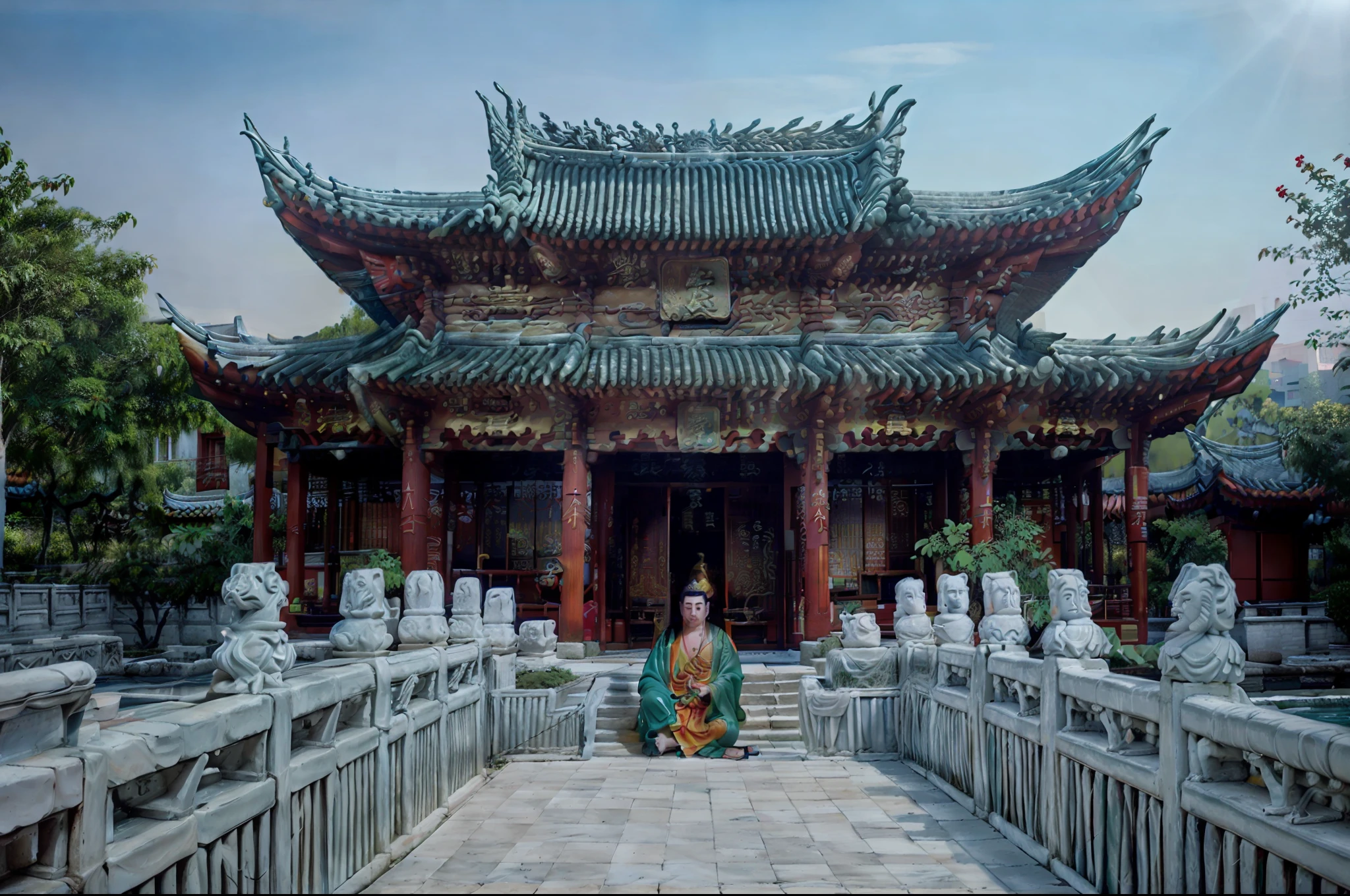 Outside a Taoist temple, an Arakis dressed in a monk's robe bathing in the sun in front of an ancient Chinese building where sunlight shines through green roofs and red buildings.