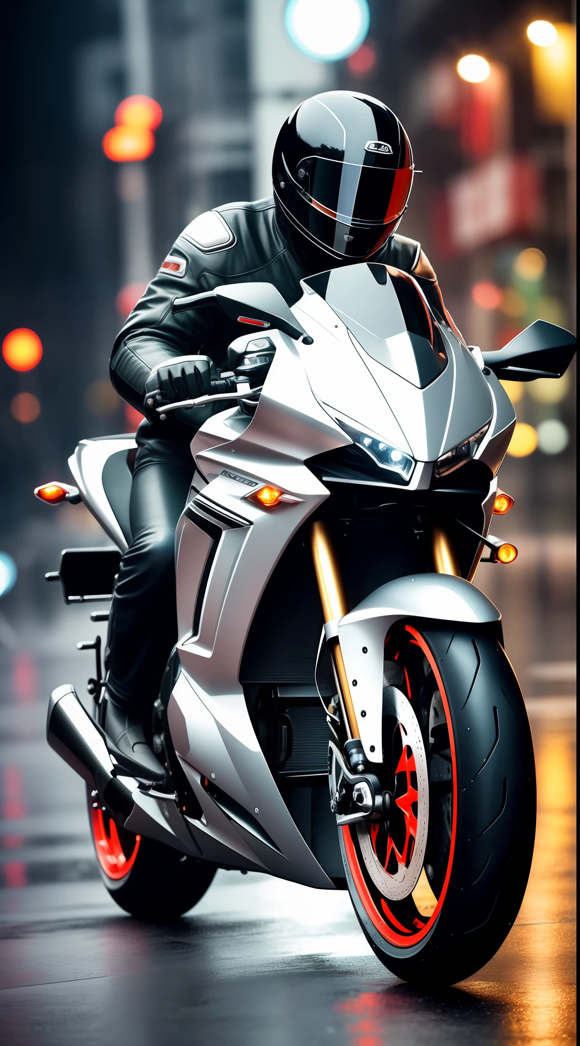 ((masterpiece 1.2)), high details, futuristic motorcycle, reflections on motorcycle, focus on rear wheel angle, raindrops on motorcycle, rainy environment, set in night street, night, 50mm lens, (4K), cinema, dramatic lighting, deep shadows, (intense HDR), ray tracing, canon, textured, reflections of the lights on the ground
