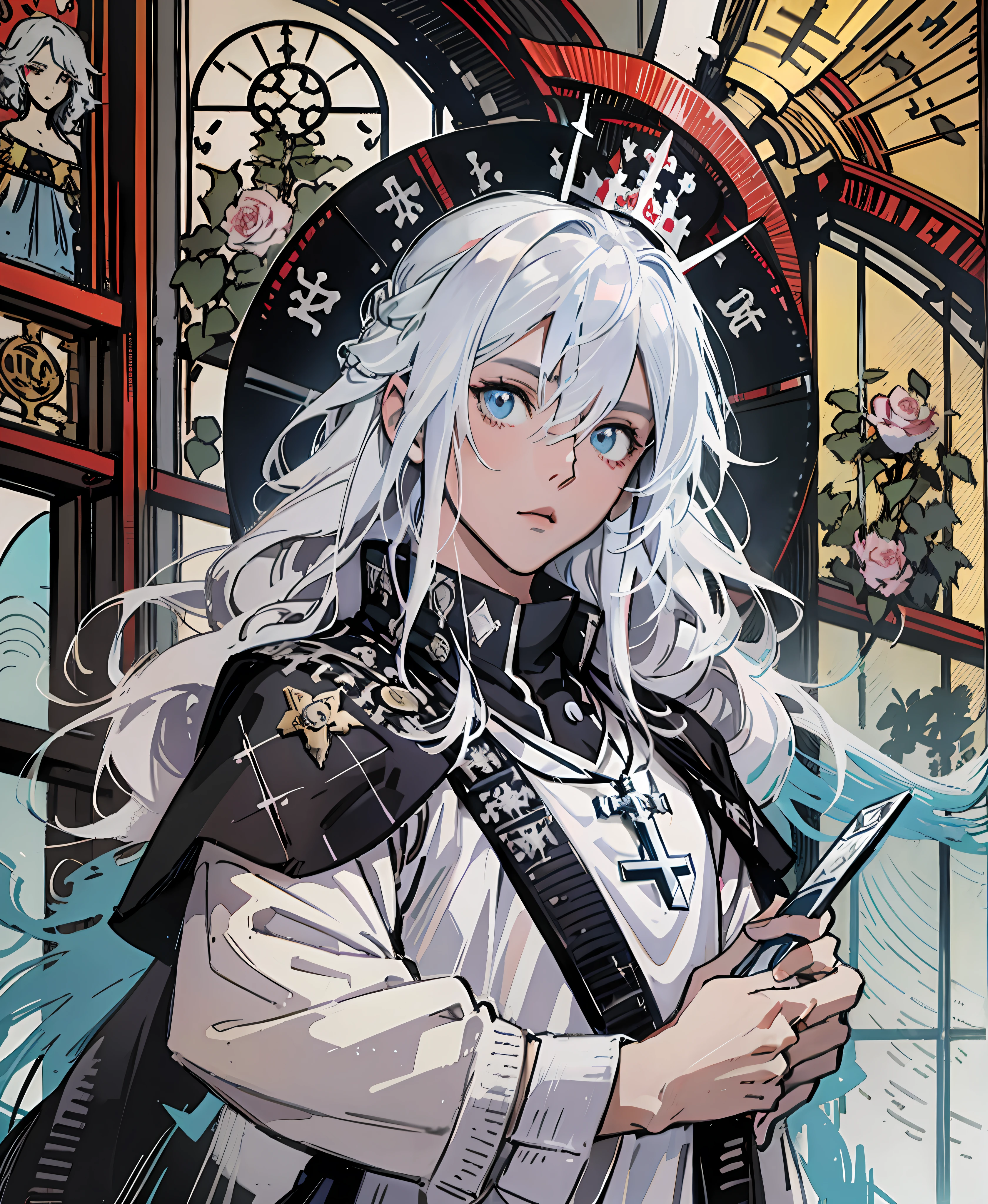 Anime characters dressed in white holding Roman short swords in front of colored windows, pictures of male popes, Guvez on Pixiv art station, dressed like pope, silver long-haired god, pope, pop on ArtStation Pixiv, Guweiz on ArtStation Pixiv, handsome guys from Arknights, demon killer art, detailed key anime art, detailed anime character art