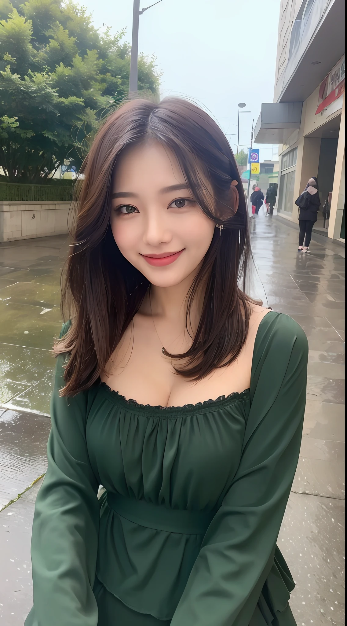 ((Best Quality, 8K, Masterpiece:1.3)), Focus: 1.2, Perfect Body Beauty: 1.4, Buttocks: 1.2, ((Layered Haircut, Breasts: 1.2)), (Wet Clothes: 1.1), (Rain, Street:1.3), Bandeau Dress: 1.1, Highly Detailed Face and Skin Texture, Fine Eyes, Double Eyelids, Whitening Skin, Long Hair, (Shut Up: 1.3), Smile