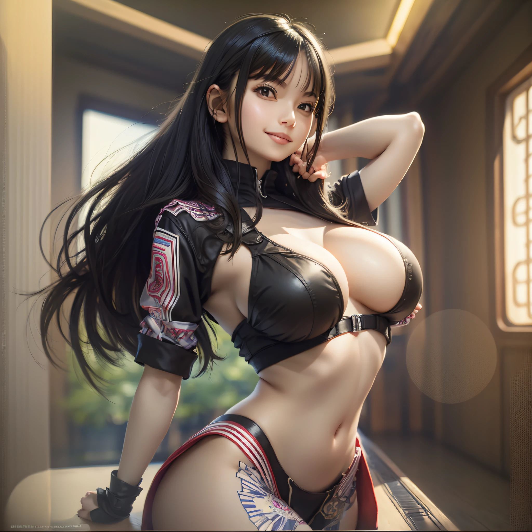 Masterpiece, 1girl, solo, black hair, underboob, light_smile, arms crossed, huge breasts, big ass. photorealistic. --auto --s2