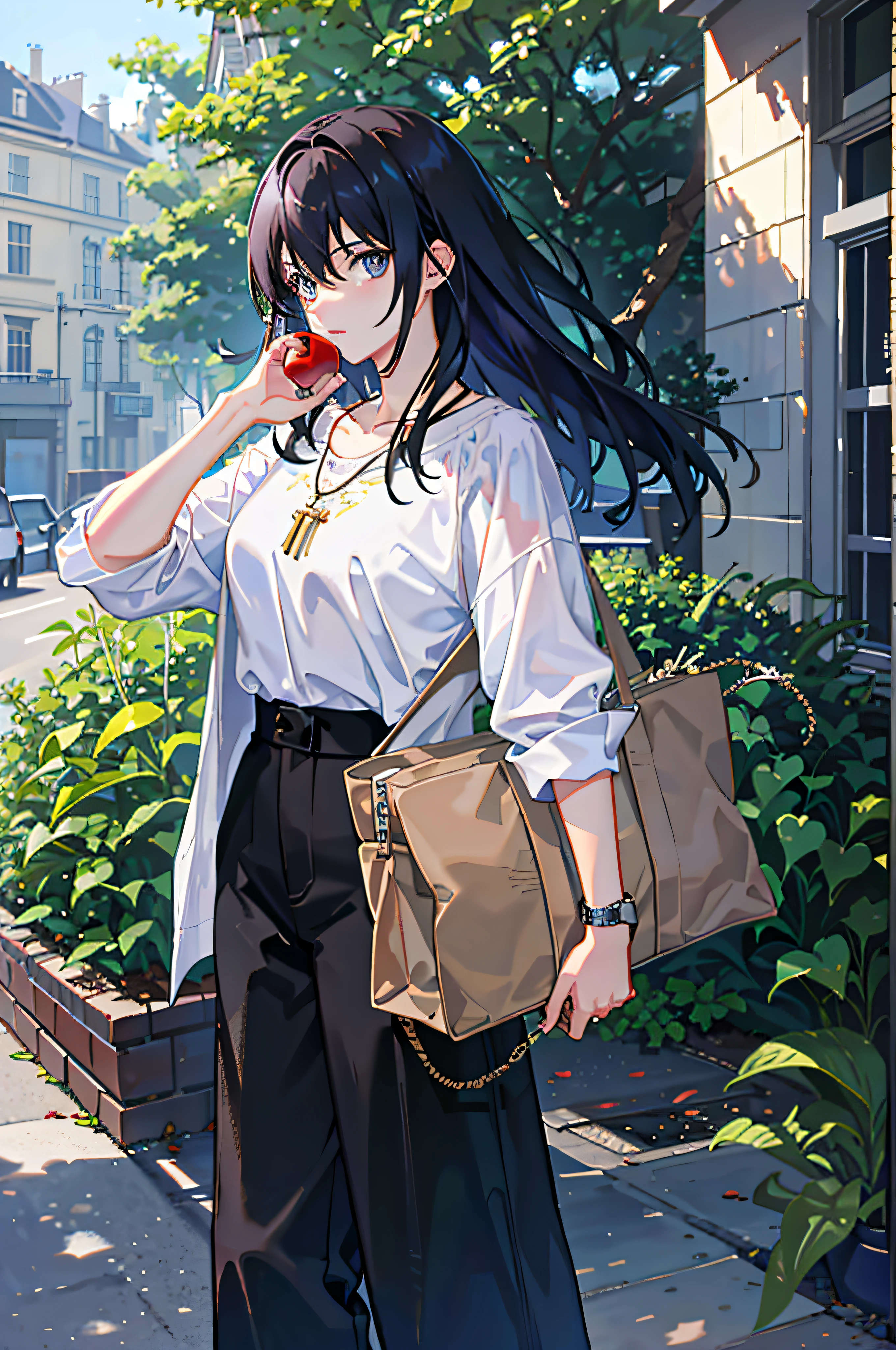 1girl, apple, bag, bangs, berries, black hair, black shirt, blue eyes, hair between eyes, jewelry, leaves, looking at the audience, male focus, necklace, pants, shirt, solo, watch, white pants, watch, messy hair, trends on artstation, 8k resolution, very detailed, anatomically correct, clear images, digital painting, concept art, fashion trends on pixiv, Makoto Shinkai's style,