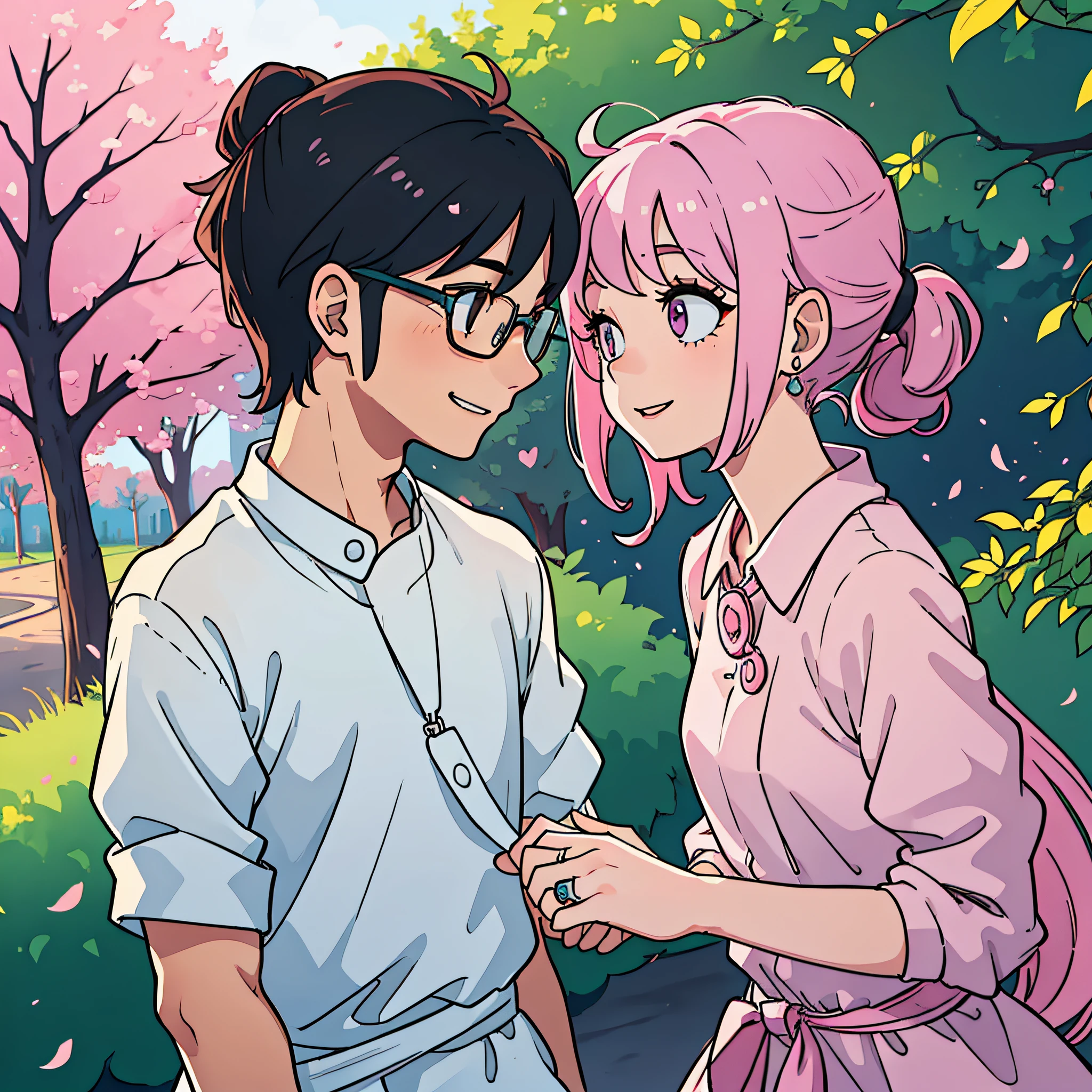 Couple avatar (cute:1.5), super cute, avatar, 2 people, pale pink tone, white background, boy right, girl left, boy wearing glasses, girl hair and waist, (smile: 1.2), (eye contact: 1.3), (hand in hand: 1.1), boy in white shirt, girl in pink dress, (love earring: 1.2), (ring: 1.1), (light love on background: 1.3), ((cute and cute)), (best quality))