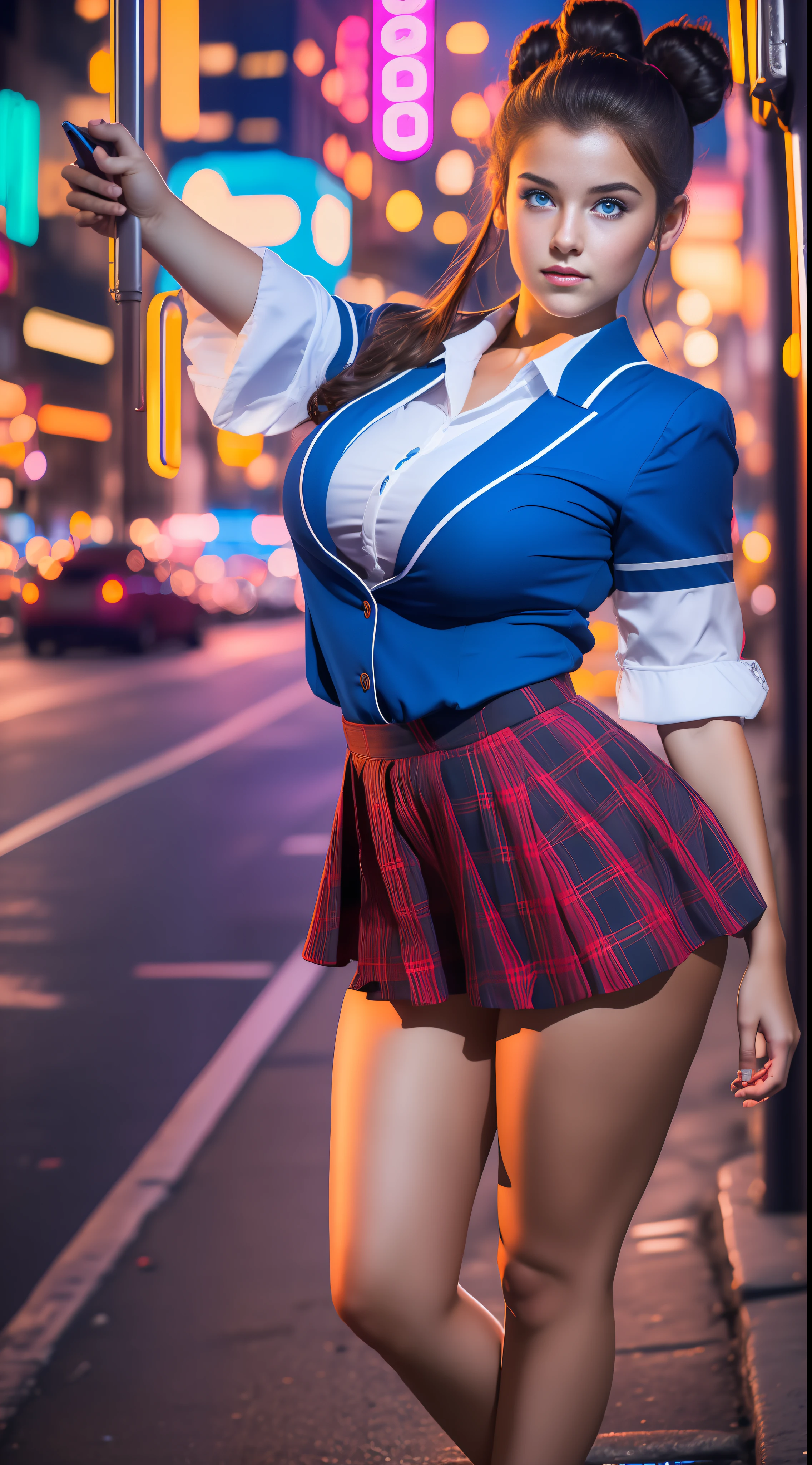 Girl 18 years old brunette short high school uniform, incrinada looking up for camera (selfie camera angle) full body, big breasts,blue eyes with perfect sharpness,sensual look,(long double bun hair),8k raw, perfect and realistic (angle from top to bottom) in the city the night neon