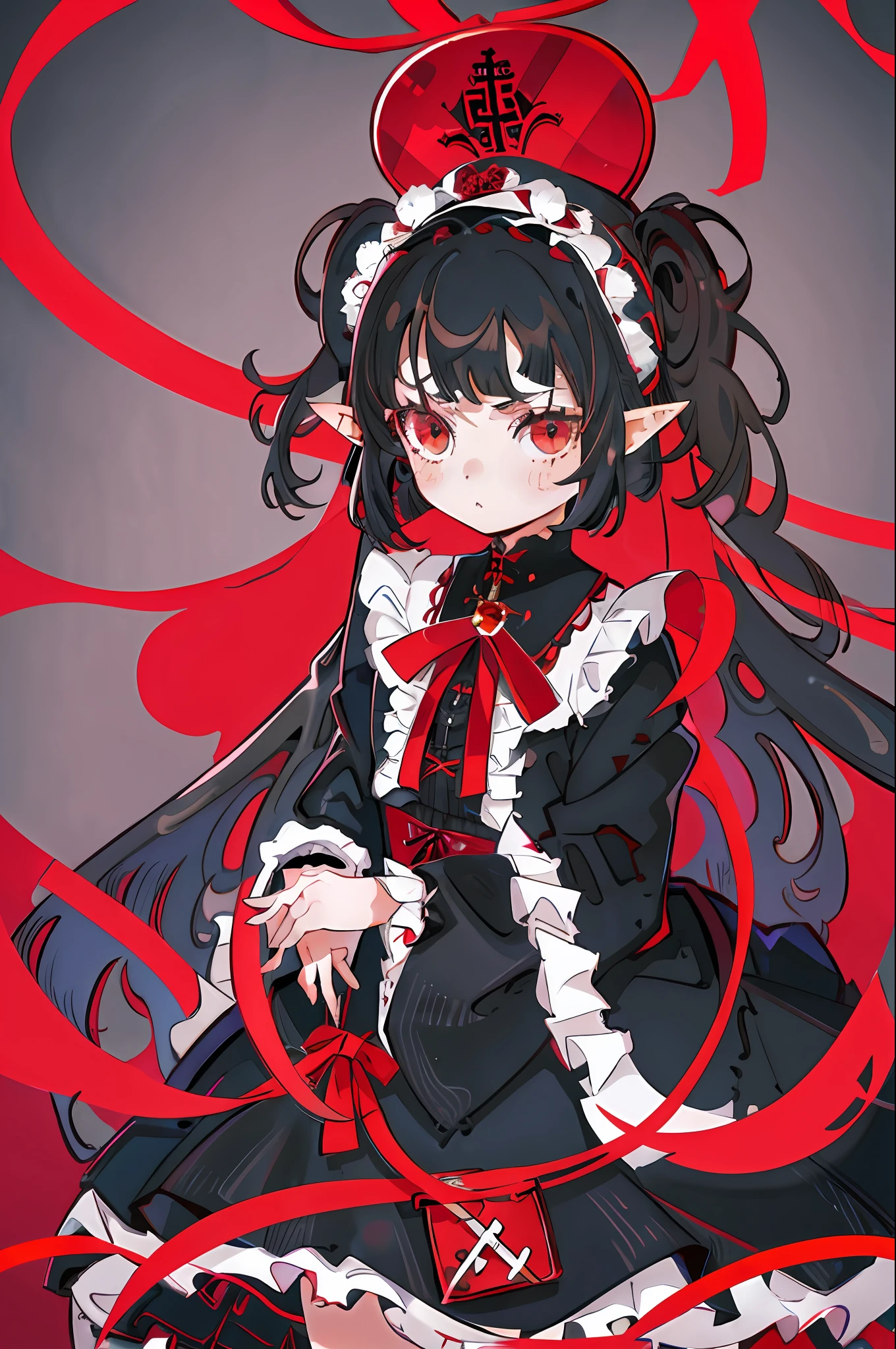 (1girl:1.2), wavy hair, black hair, lace, frills, loli, young, simple background, gothic lolita, blunt bangs, black and red blouse, very long hair, elf ears, facing viewer, anime, style, lolita clothes, 8k, bokeh, award winning, (masterpiece:1.3), best quality, red eyes, vampire, red theme, tsundere,