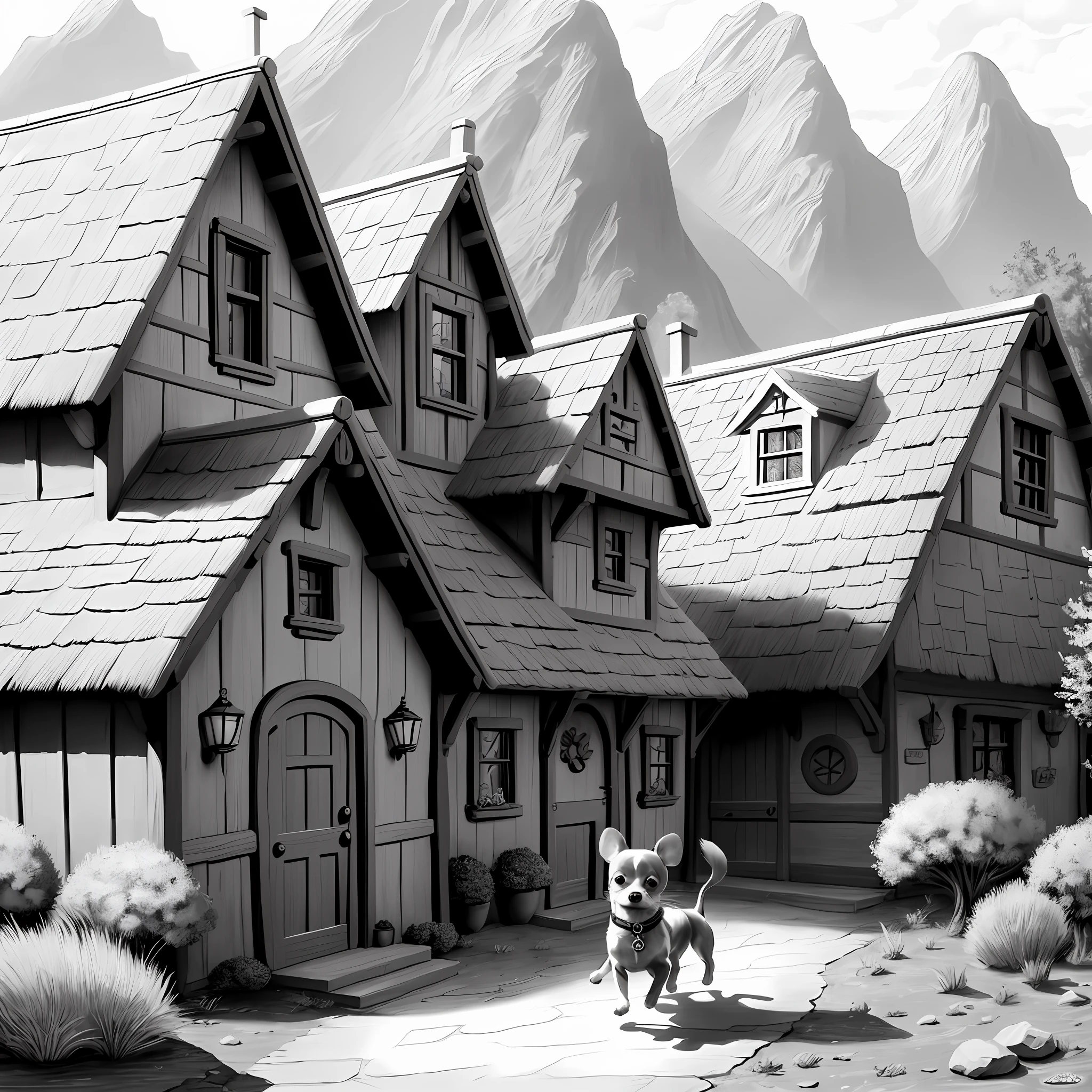 coloring page, Disney style, no color, small cute chihuahua dog, running, environment is a village with hobbit village style houses from Lord of the Rings