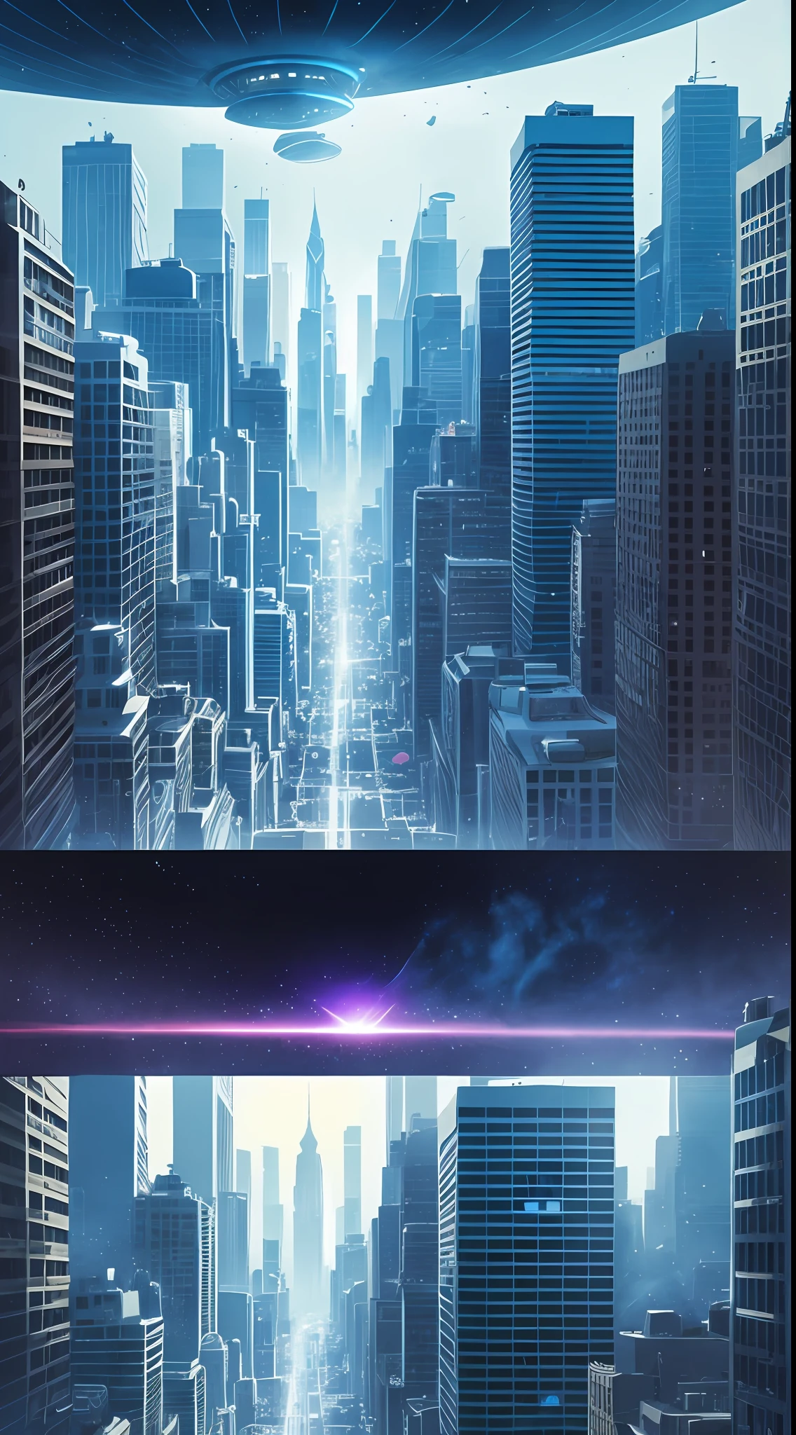 /imagine prompt: [Illustration storyboard] comic page, multiple images on one page: alien spaceship landing on Earth (vista), smoke and dust in the city (medium view), a group of people with weapons, fighting alien creatures (close-up) [multi-camera continuous shooting] cobalt blue and reflective silver, film P30, unequal slash composition, in the style of Paul Chadeisson