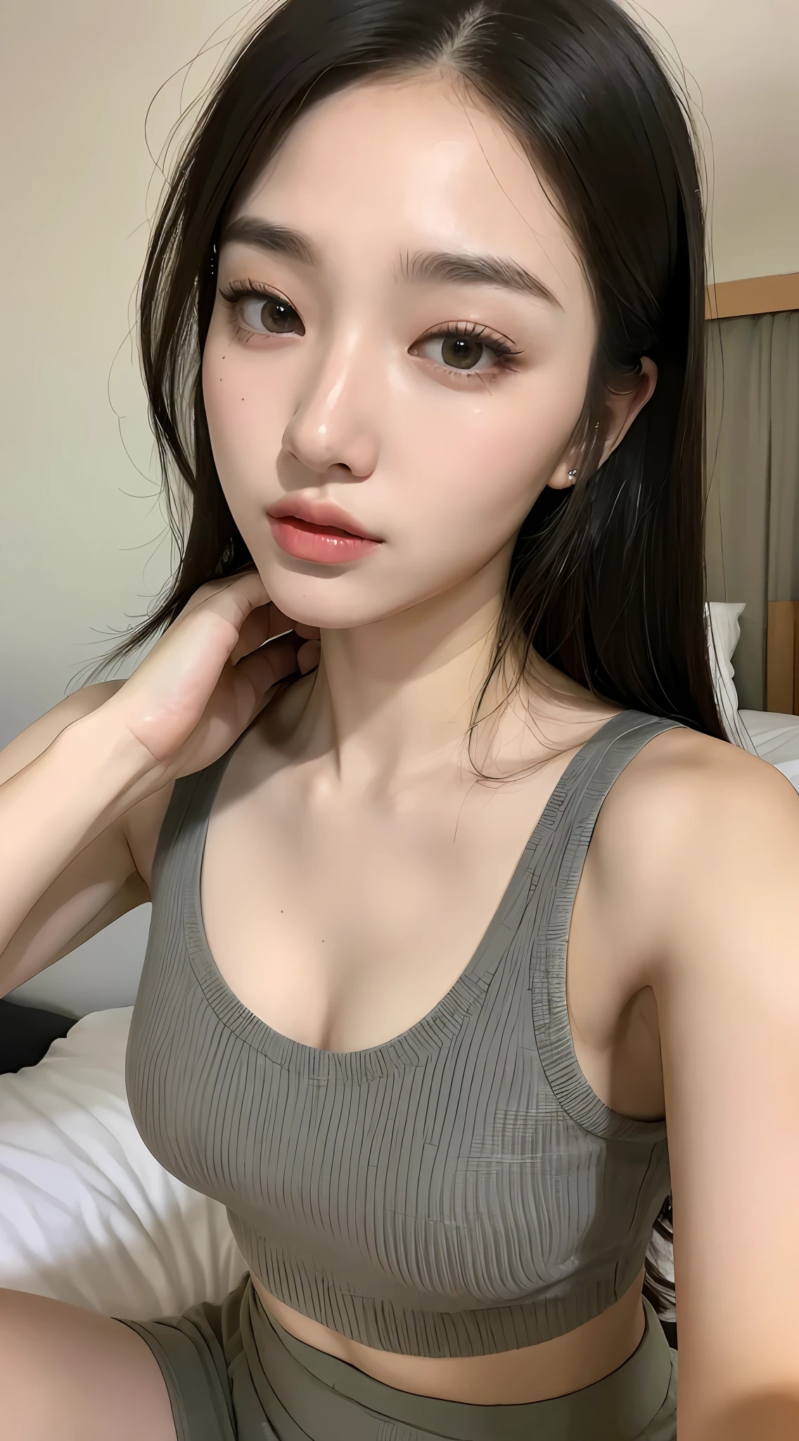 ((Top quality, 8k, Masterpiece: 1.3)), busty beauty, melon seed face, 1 girl, beauty: 1.3, slender abs: 1.1, camisole vest, long black hair, (sitting on bed), super detailed face, highly detailed lips, detailed eyes, double eyelids